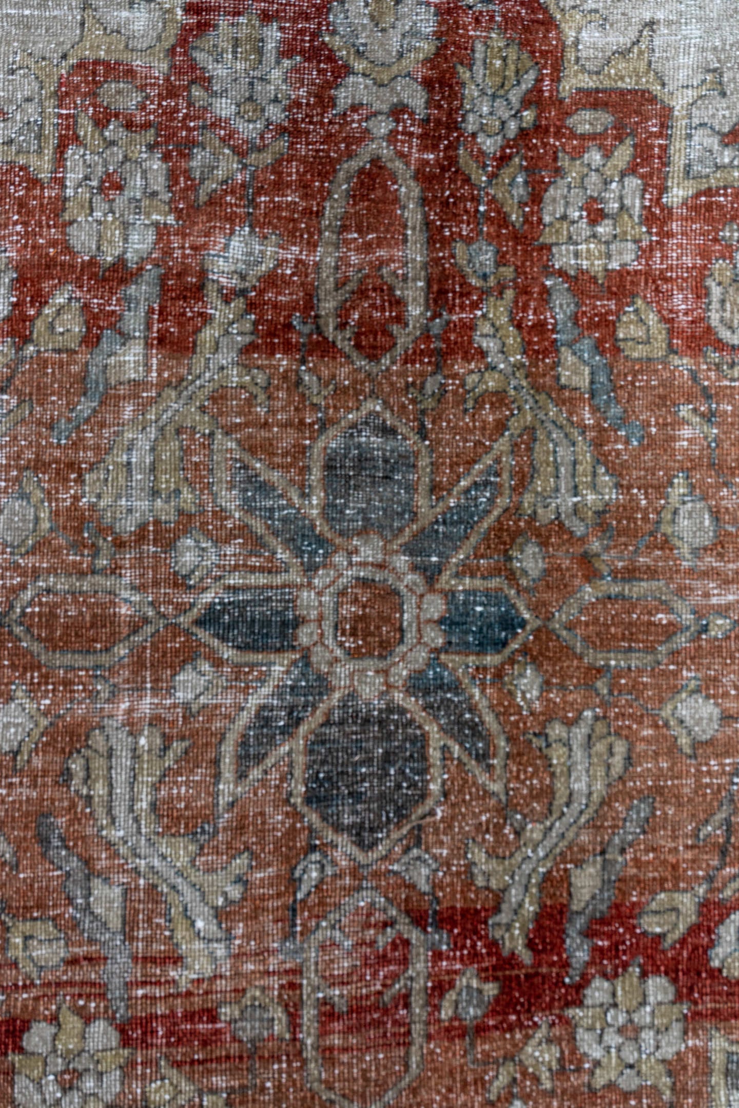 9' x 12' one-of-a-kind handmade antique Mahal large size rug. Color palette: ivory, rust, terra cotta, slate, charcoal