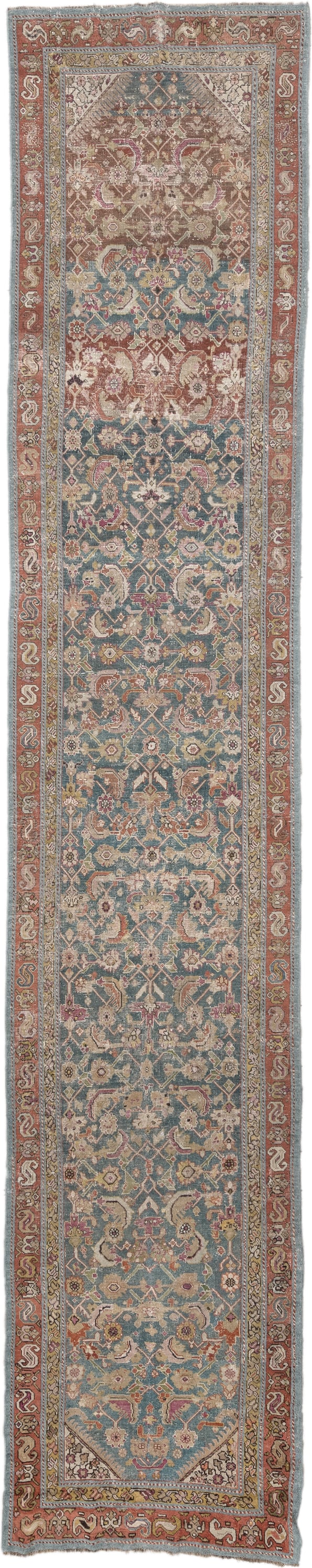 3' x 16' one-of-a-kind handmade vintage Karabagh runner rug. Color palette: blue, rust, ivory, taupe, rose, sage, gold