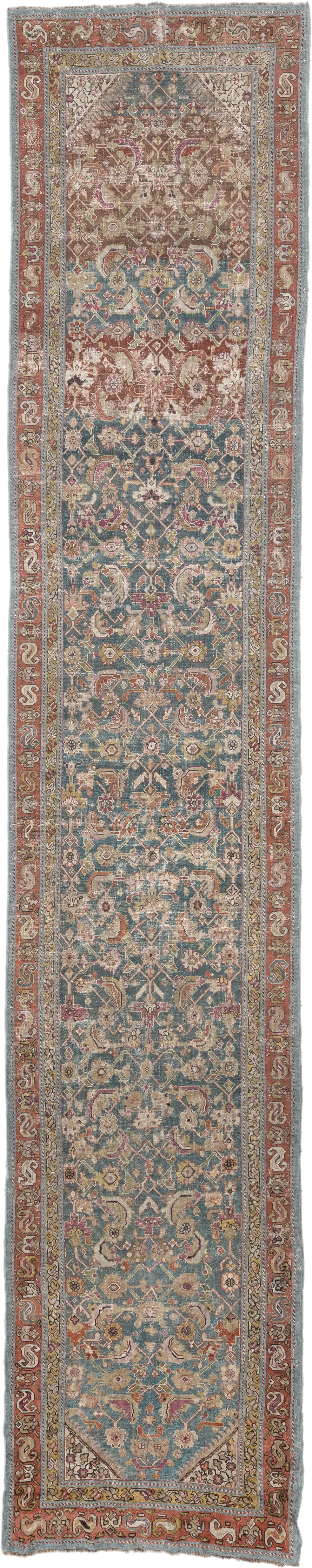3' x 16' one-of-a-kind handmade vintage Karabagh runner rug. Color palette: blue, rust, ivory, taupe, rose, sage, gold