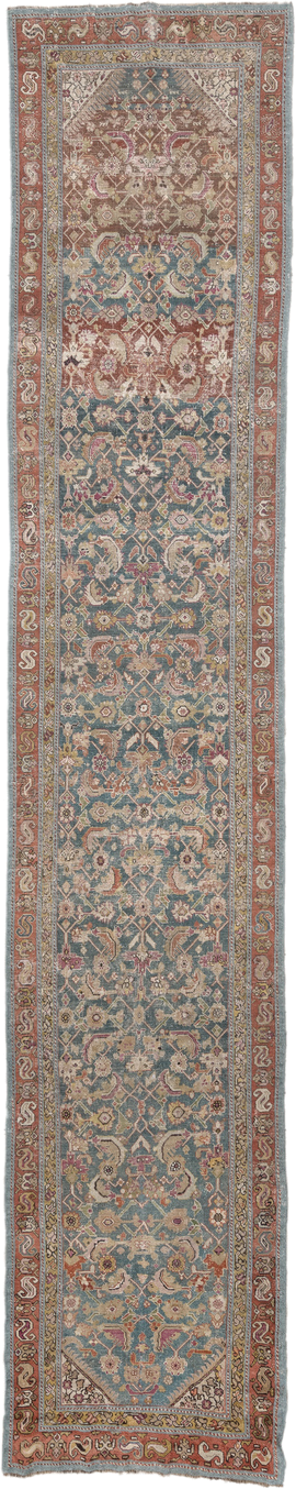 3' x 16' one-of-a-kind handmade vintage Karabagh runner rug. Color palette: blue, rust, ivory, taupe, rose, sage, gold
