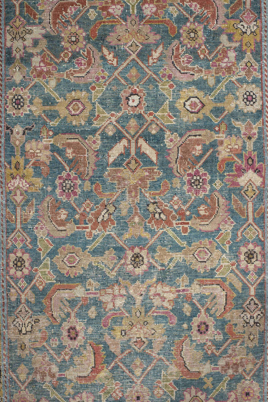 3' x 16' one-of-a-kind handmade vintage Karabagh runner rug. Color palette: blue, rust, ivory, taupe, rose, sage, gold