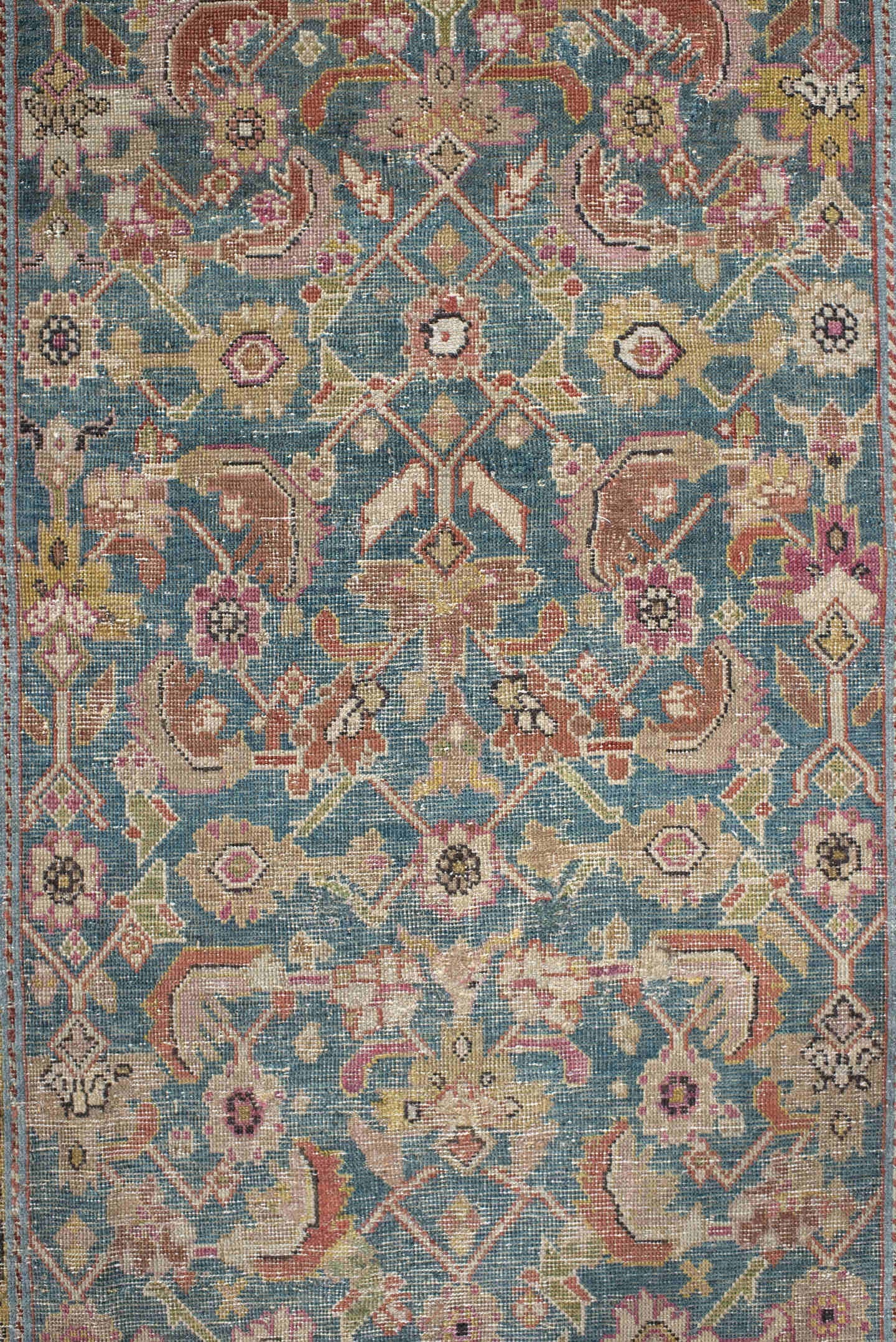 3' x 16' one-of-a-kind handmade vintage Karabagh runner rug. Color palette: blue, rust, ivory, taupe, rose, sage, gold
