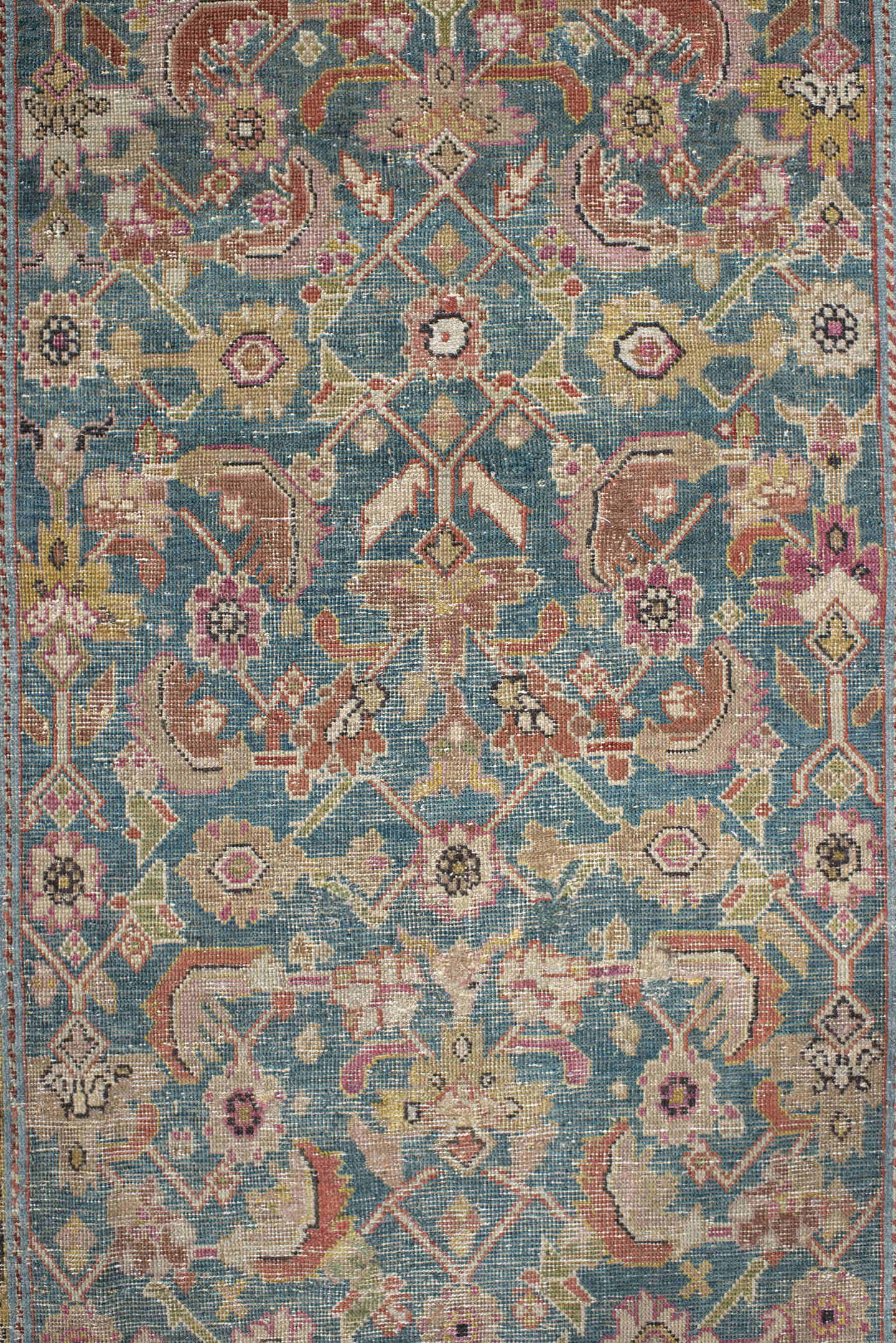 3' x 16' one-of-a-kind handmade vintage Karabagh runner rug. Color palette: blue, rust, ivory, taupe, rose, sage, gold