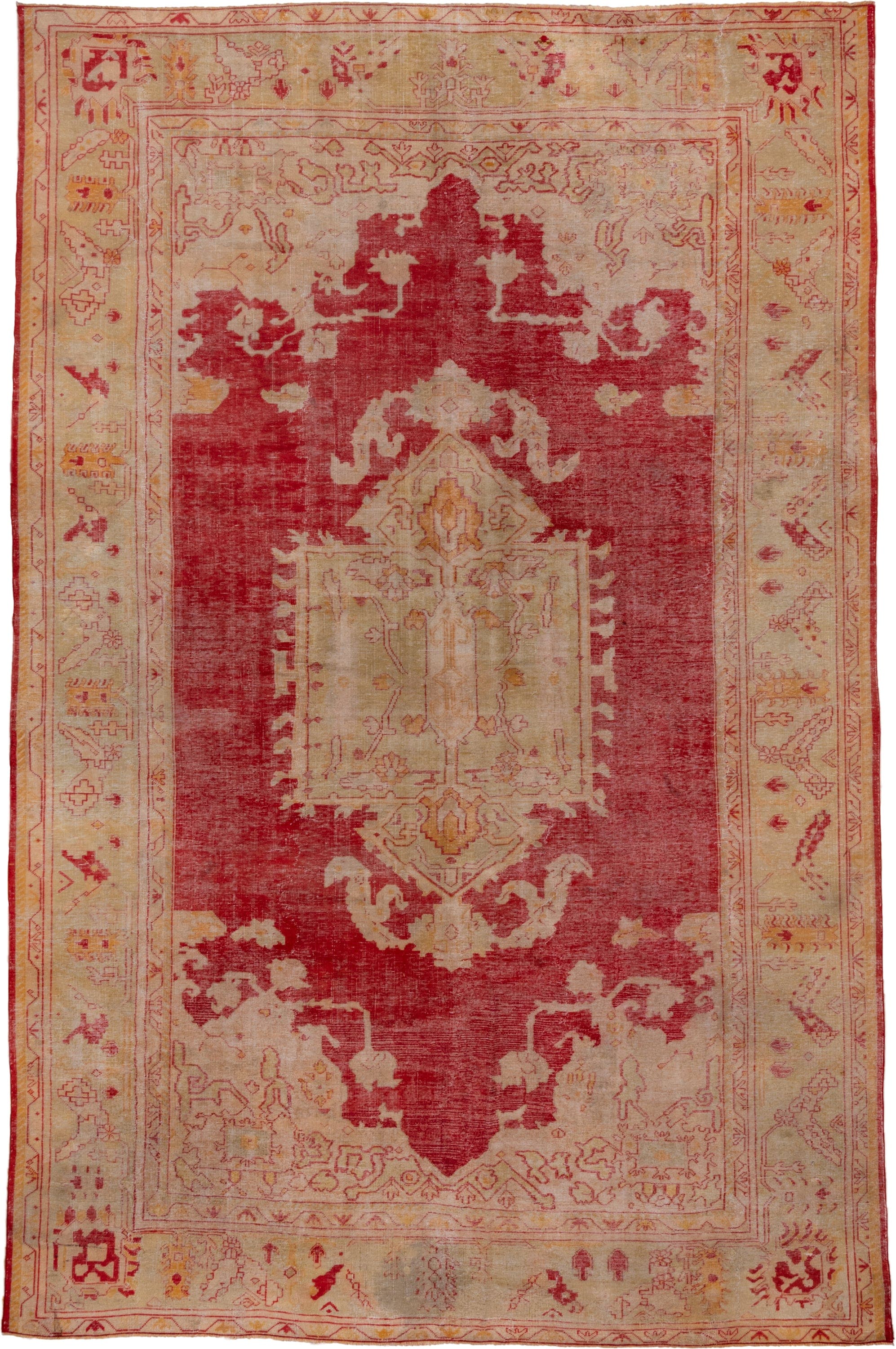 10' x 15' one-of-a-kind handmade antique Oushak rug. Color palette: rose, ivory, coral, gold, beige, saffron, pink, red