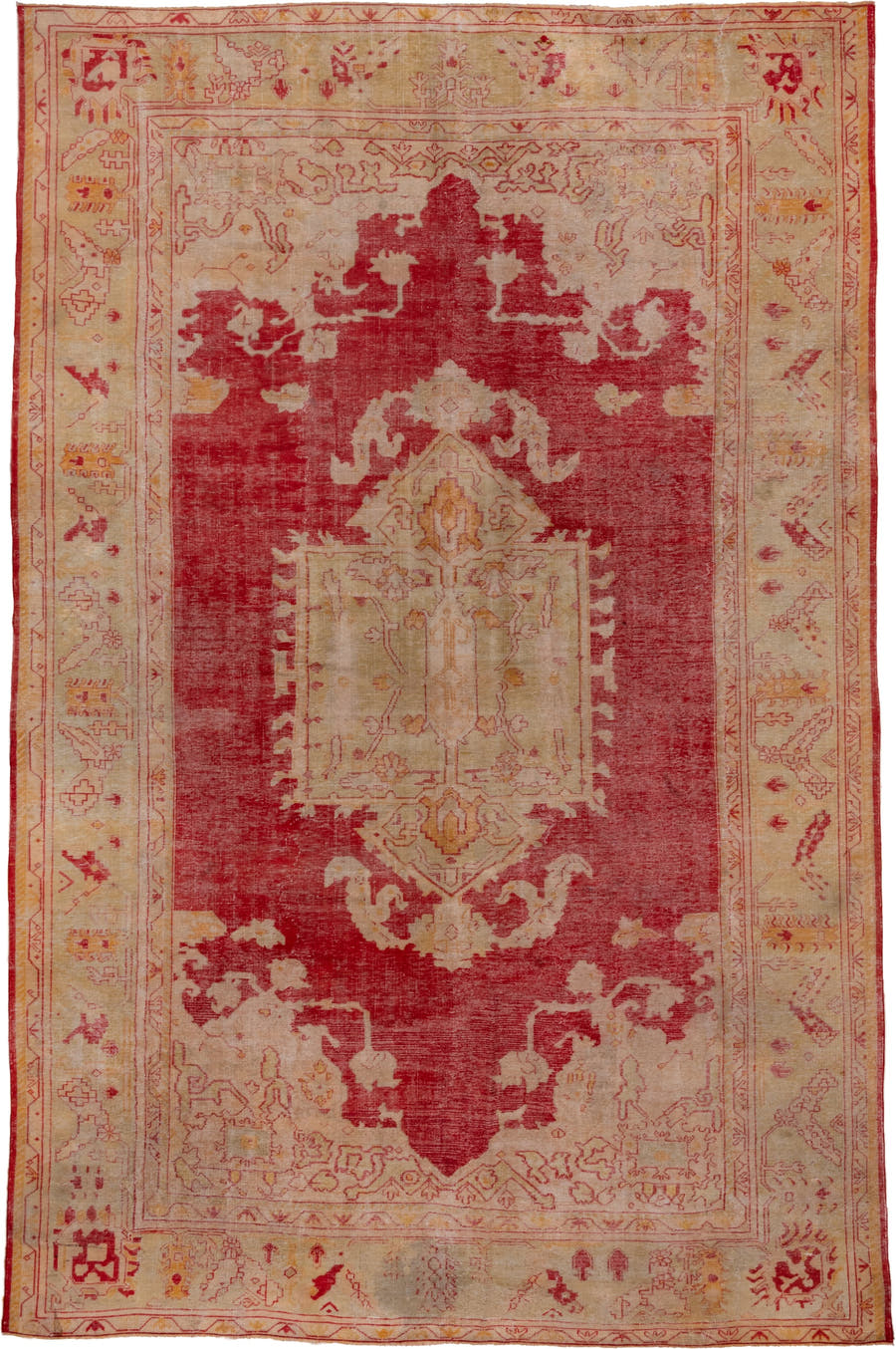 10' x 15' one-of-a-kind handmade antique Oushak rug. Color palette: rose, ivory, coral, gold, beige, saffron, pink, red
