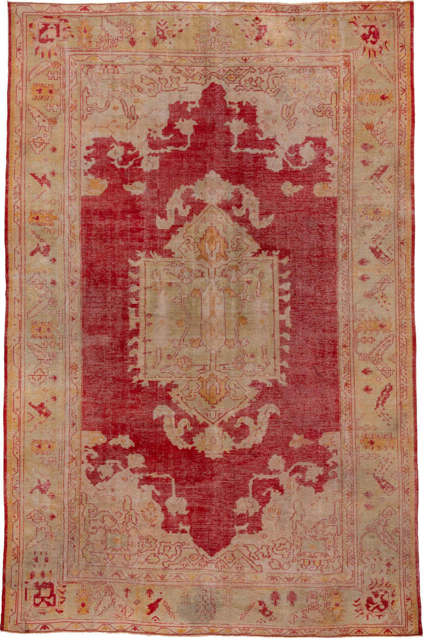 10' x 15' one-of-a-kind handmade antique Oushak rug. Color palette: rose, ivory, coral, gold, beige, saffron, pink, red
