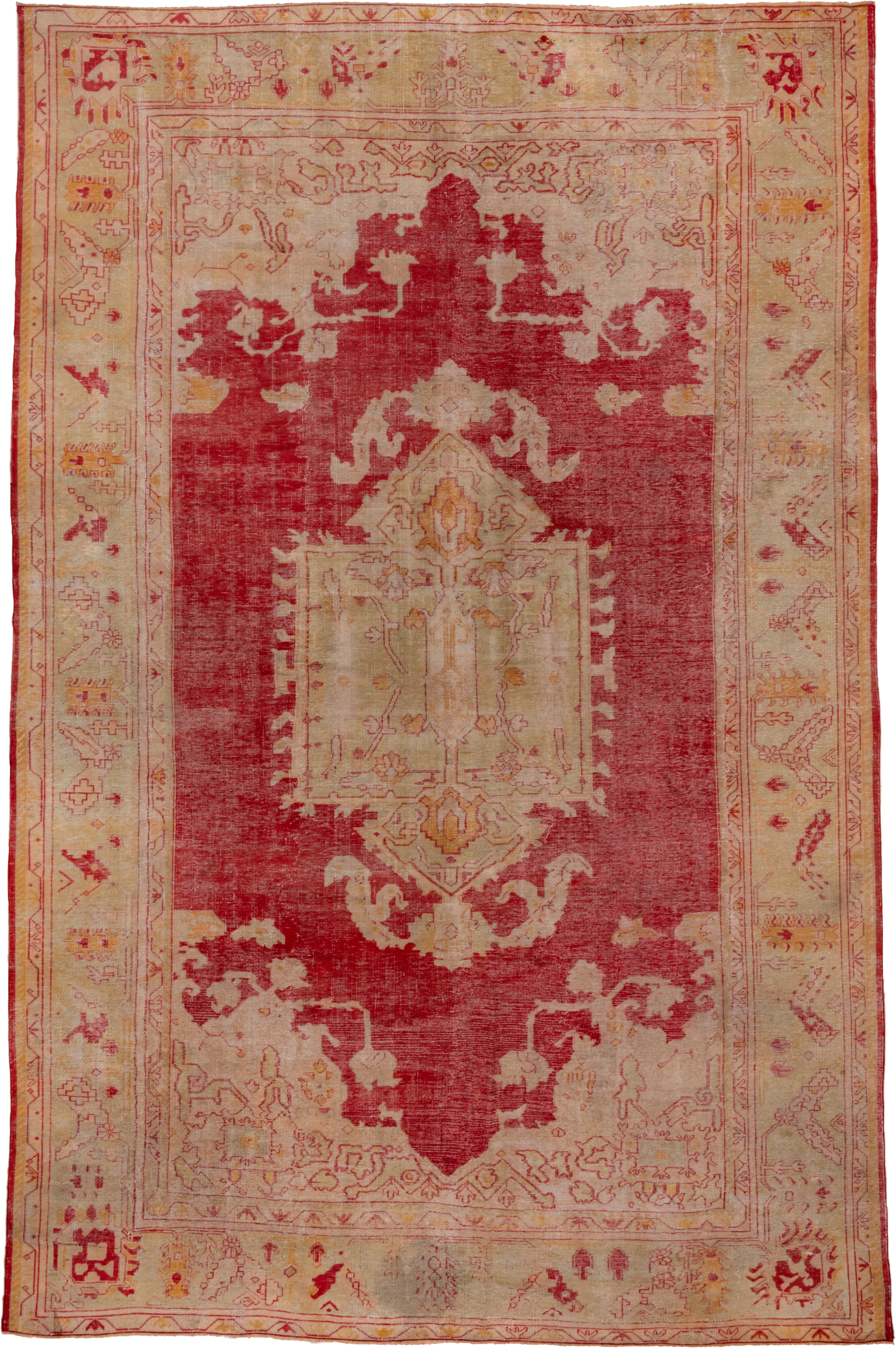 10' x 15' one-of-a-kind handmade antique Oushak rug. Color palette: rose, ivory, coral, gold, beige, saffron, pink, red