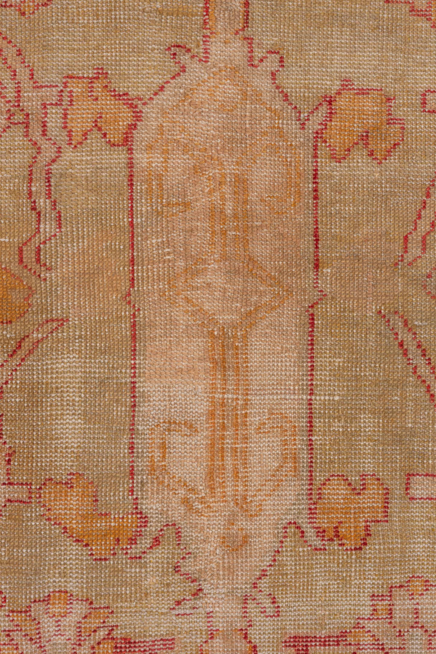 10' x 15' one-of-a-kind handmade antique Oushak rug. Color palette: rose, ivory, coral, gold, beige, saffron, pink, red