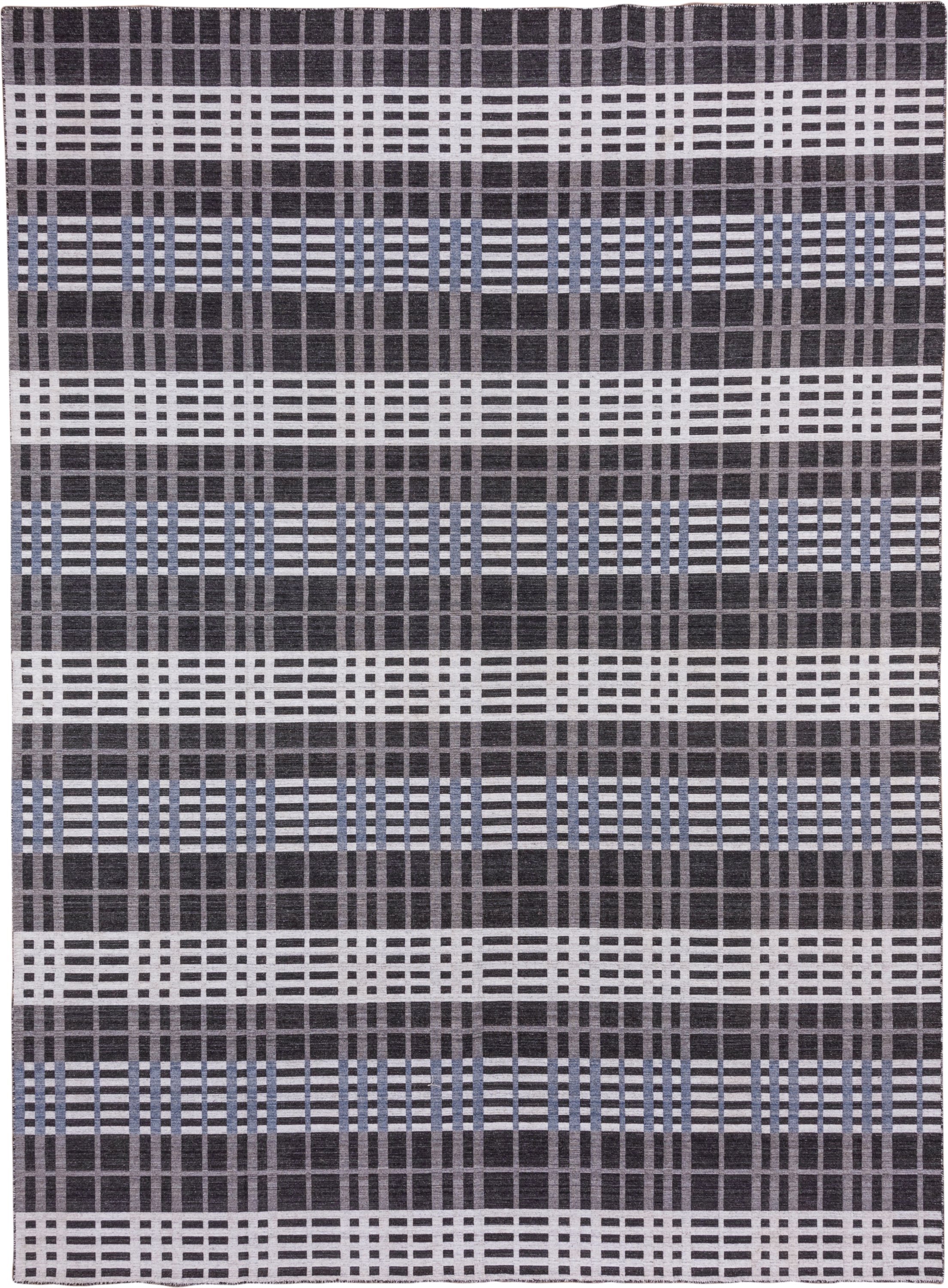 10' x 14' one-of-a-kind handmade vintage Kilim large size rug. Color palette: charcoal, ivory, gray, slate, blue, black