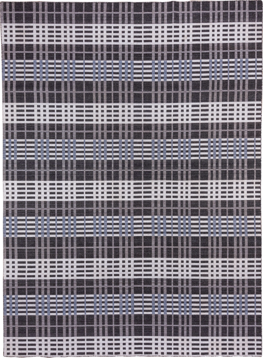 10' x 14' one-of-a-kind handmade vintage Kilim large size rug. Color palette: charcoal, ivory, gray, slate, blue, black