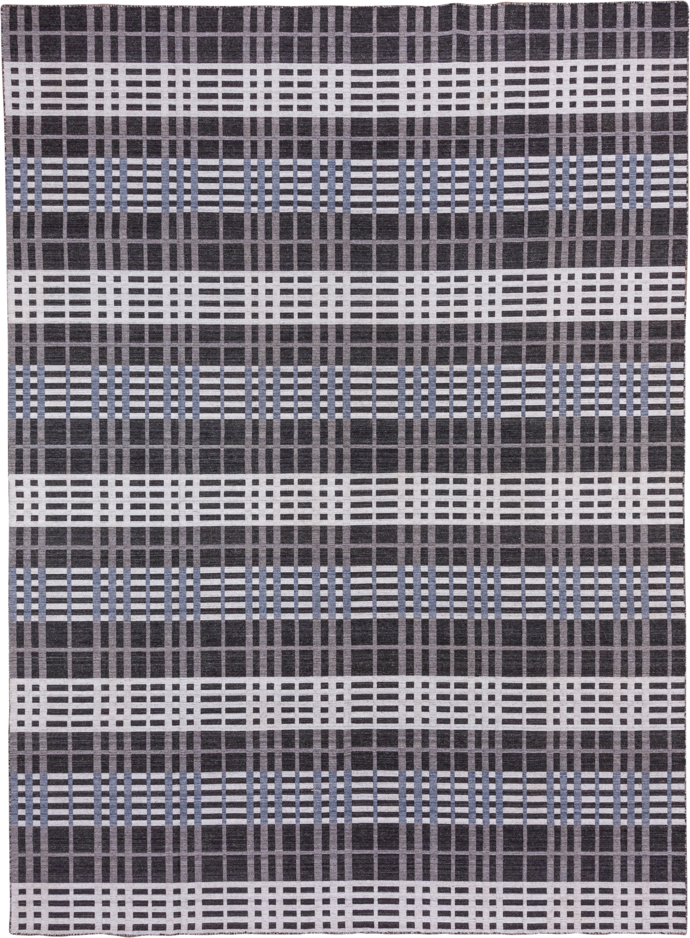 10' x 14' one-of-a-kind handmade vintage Kilim large size rug. Color palette: charcoal, ivory, gray, slate, blue, black