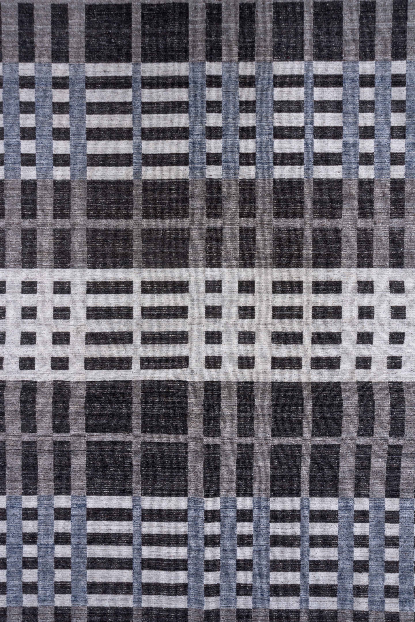 10' x 14' one-of-a-kind handmade vintage Kilim large size rug. Color palette: charcoal, ivory, gray, slate, blue, black