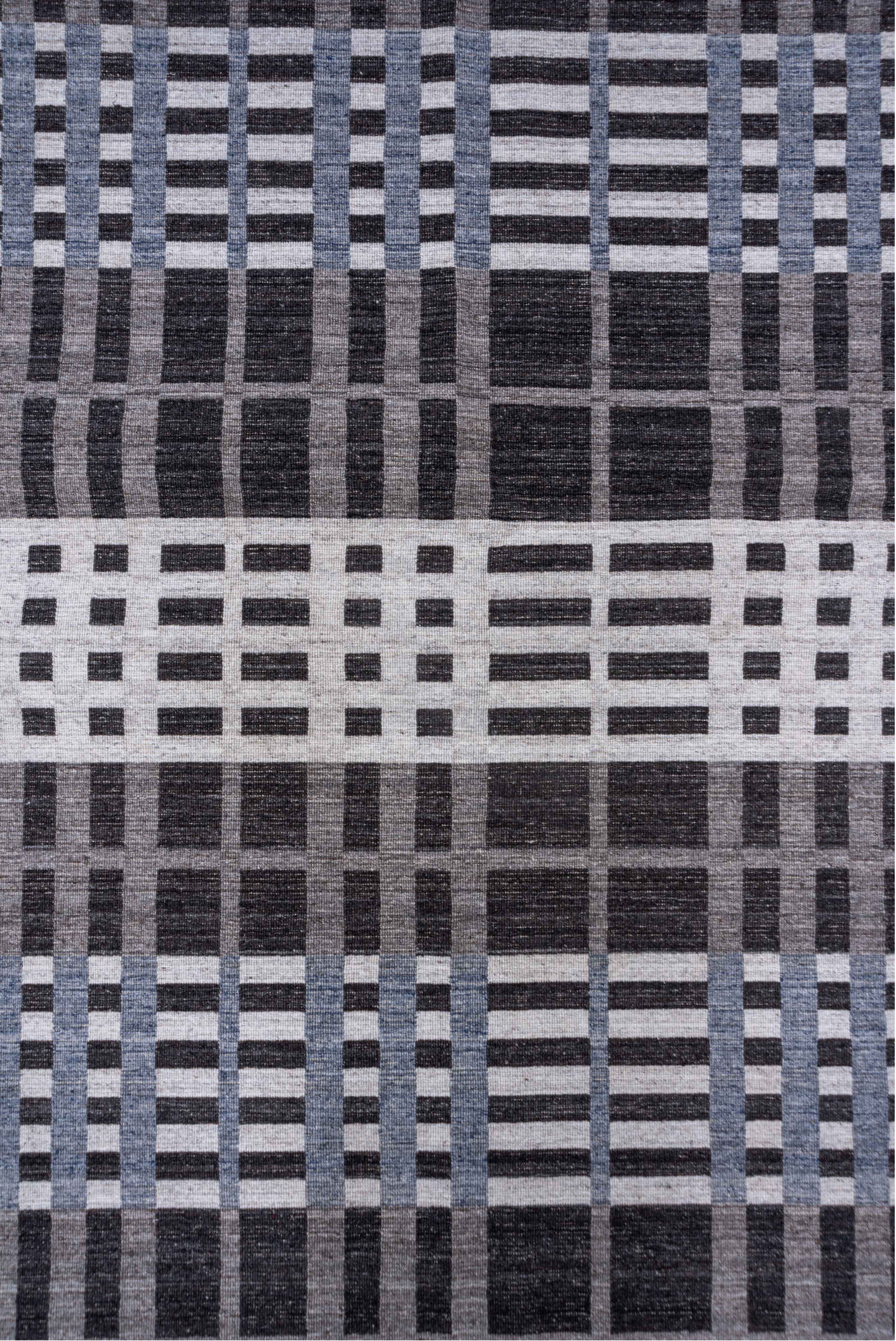 10' x 14' one-of-a-kind handmade vintage Kilim large size rug. Color palette: charcoal, ivory, gray, slate, blue, black