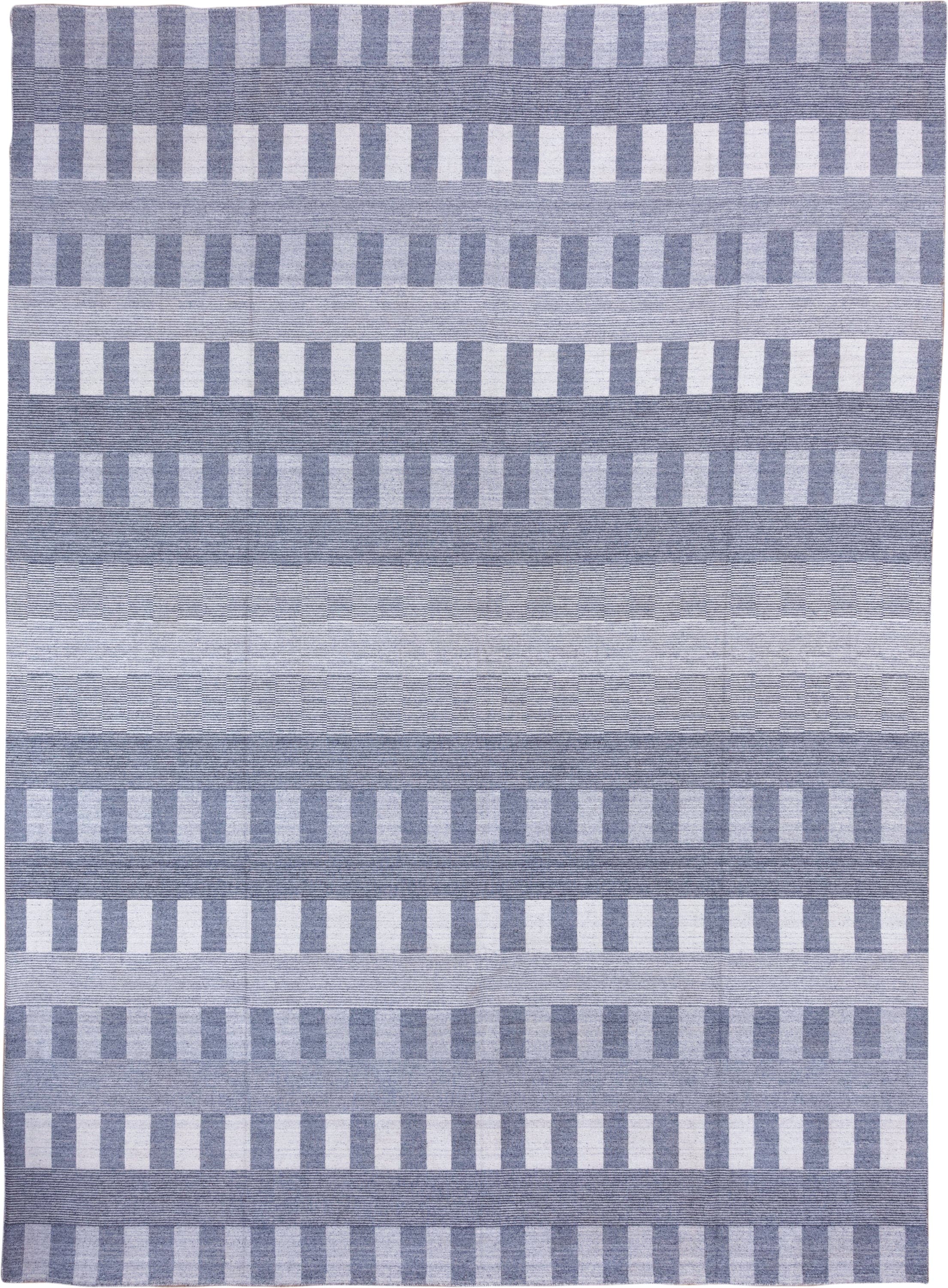 10' x 14' one-of-a-kind handmade vintage Kilim large size rug. Color palette: blue, ivory, slate, gray