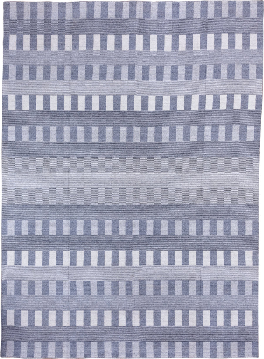 10' x 14' one-of-a-kind handmade vintage Kilim large size rug. Color palette: blue, ivory, slate, gray