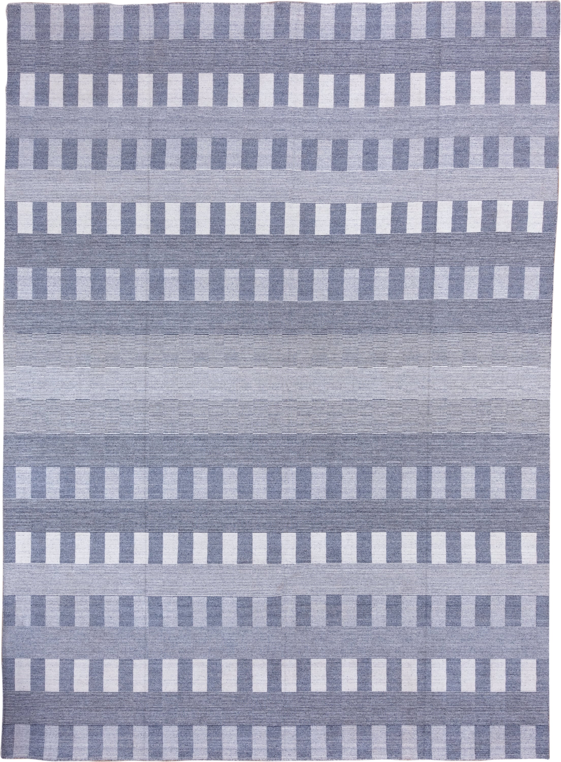 10' x 14' one-of-a-kind handmade vintage Kilim large size rug. Color palette: blue, ivory, slate, gray