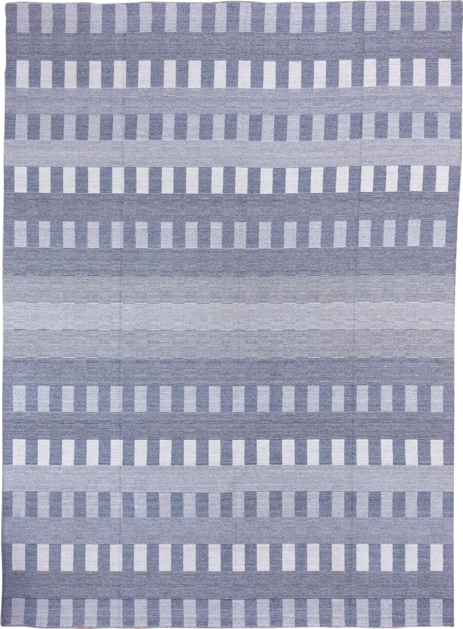 10' x 14' one-of-a-kind handmade vintage Kilim large size rug. Color palette: blue, ivory, slate, gray