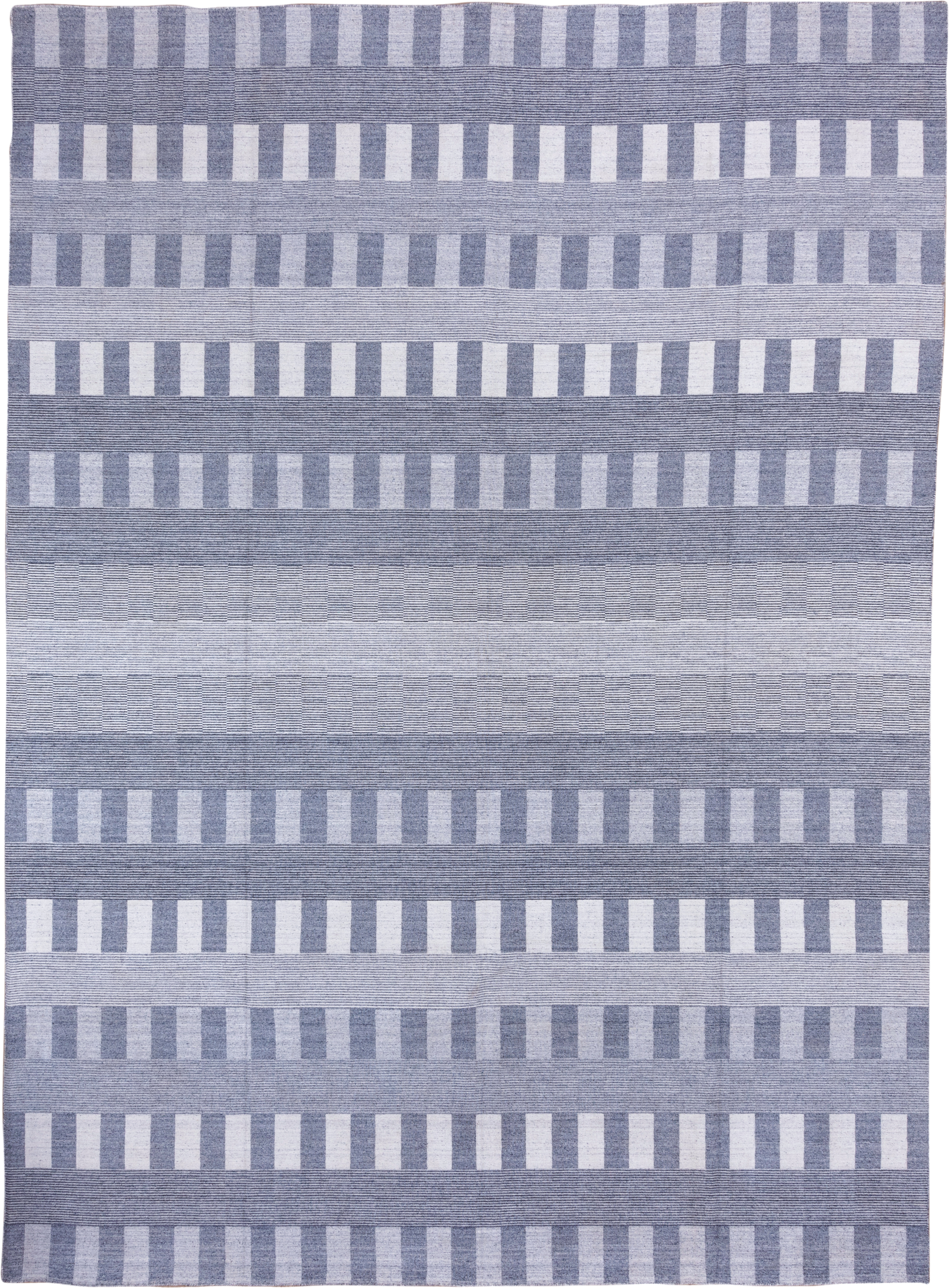 10' x 14' one-of-a-kind handmade vintage Kilim large size rug. Color palette: blue, ivory, slate, gray