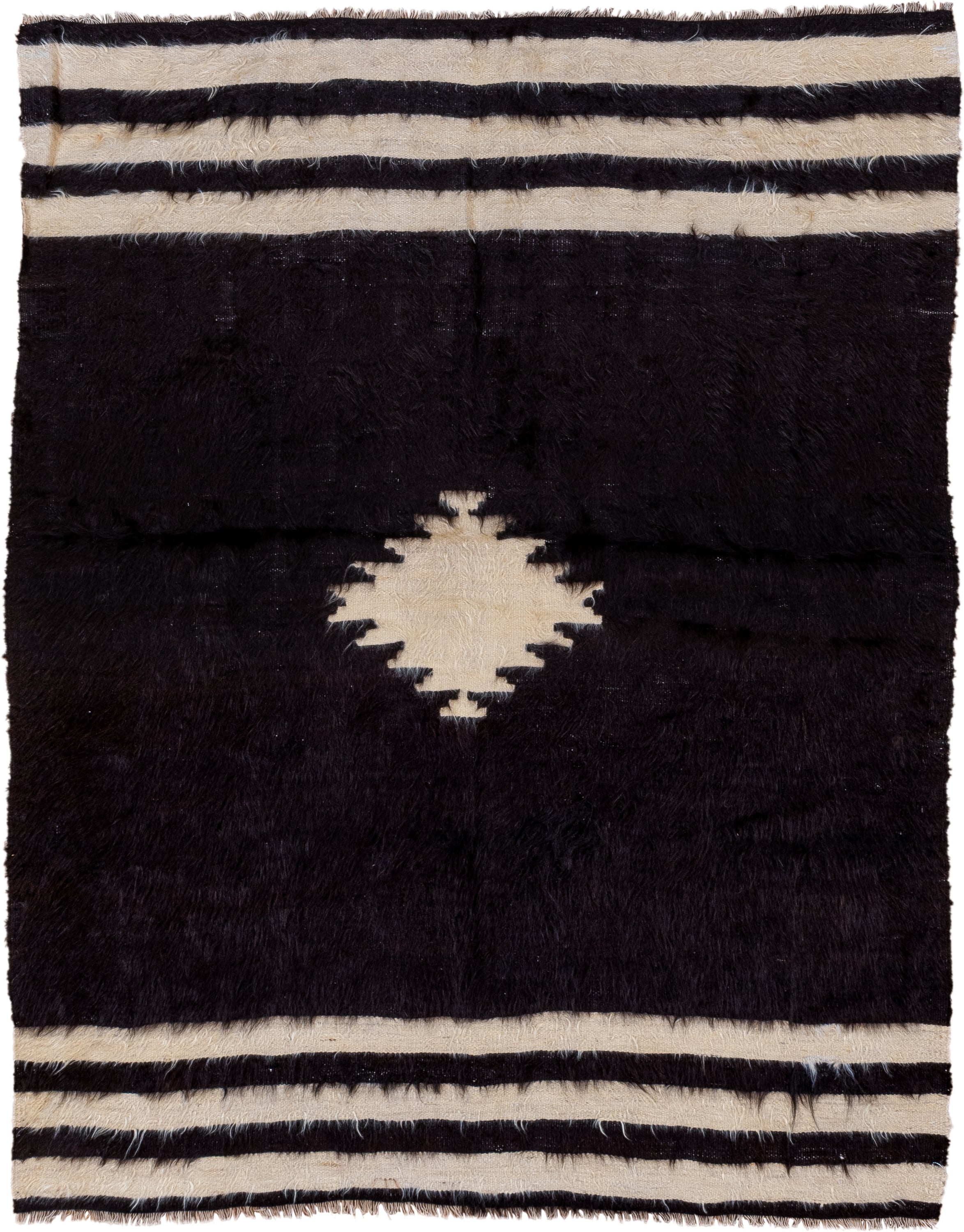 4' x 5' one-of-a-kind handmade antique Anr small size rug. Color palette: black, ivory