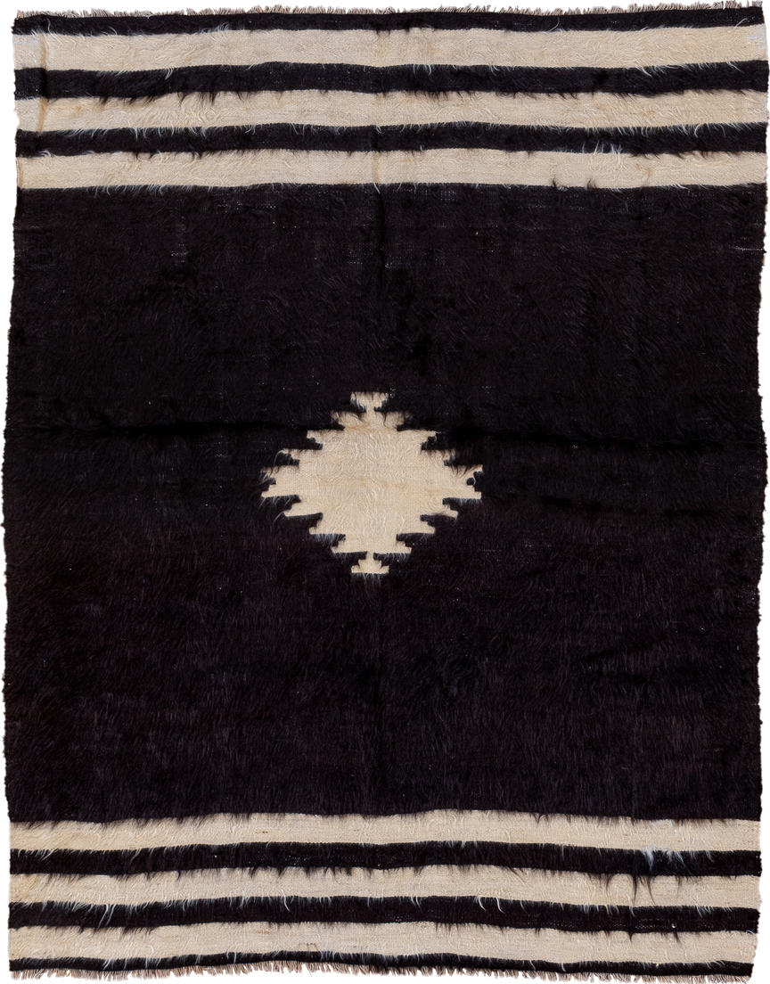 4' x 5' one-of-a-kind handmade vintage Anr small size rug. Color palette: black, blue, charcoal, gainsboro, gray, light gray