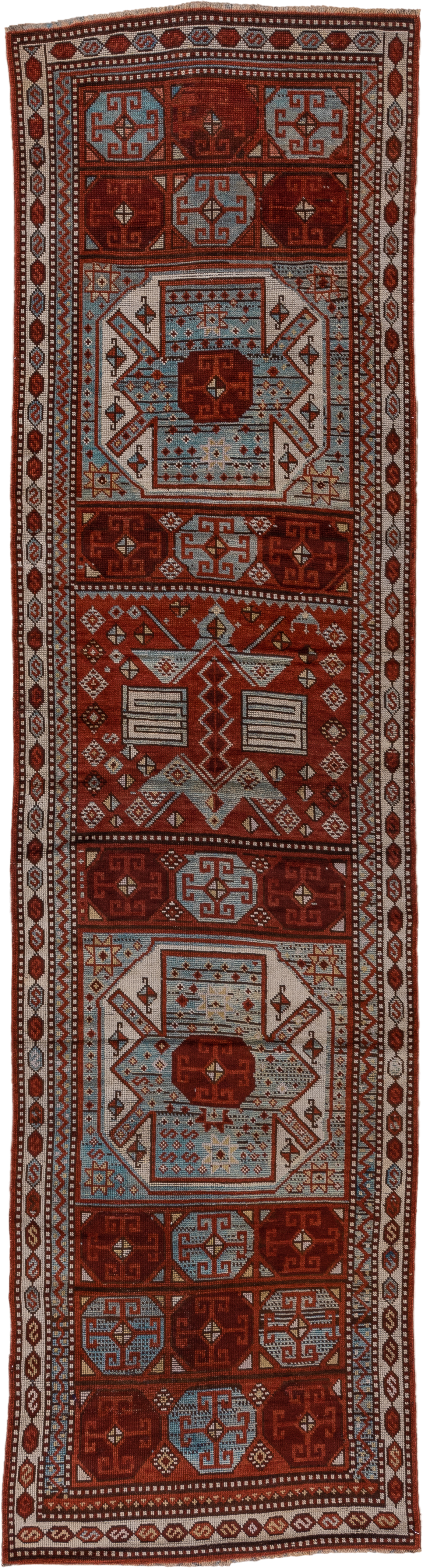 3' x 13' one-of-a-kind handmade antique Anatolian runner rug. Color palette: rust, pale blue, ivory, brick, brown, charcoal
