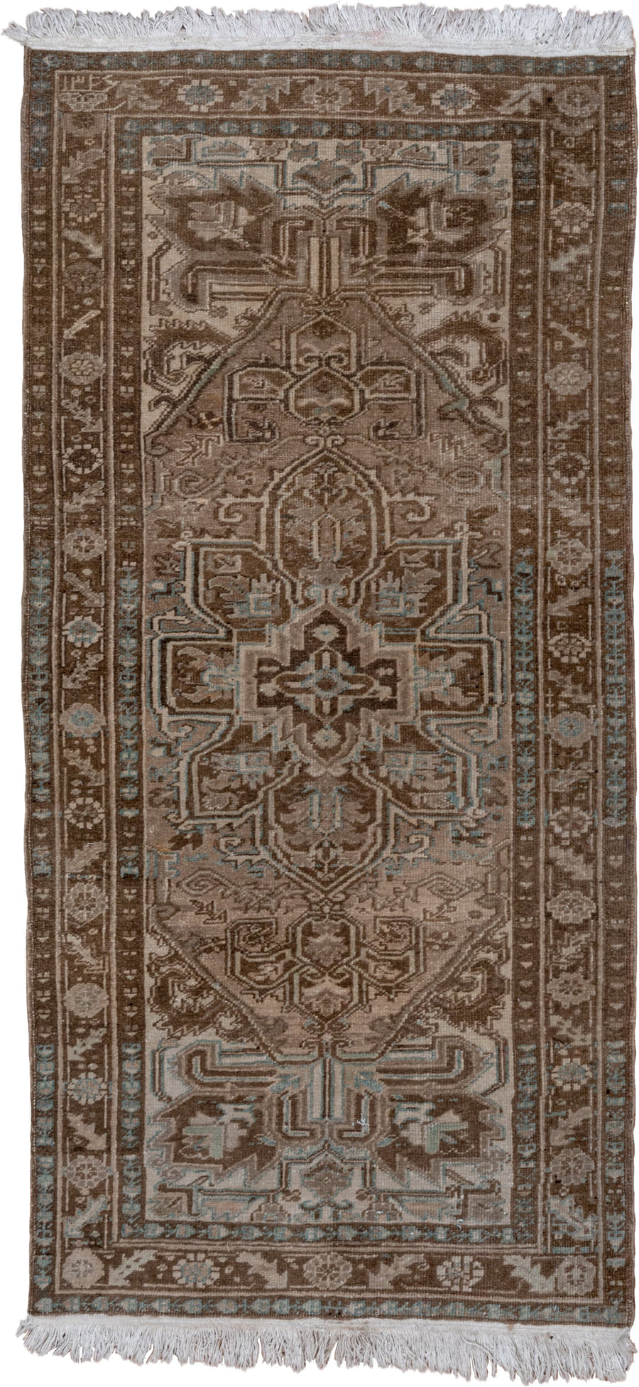 3' x 7' one-of-a-kind handmade antique Heriz runner rug. Color palette: brown, taupe, ivory, pale_blue, camel, beige, gray