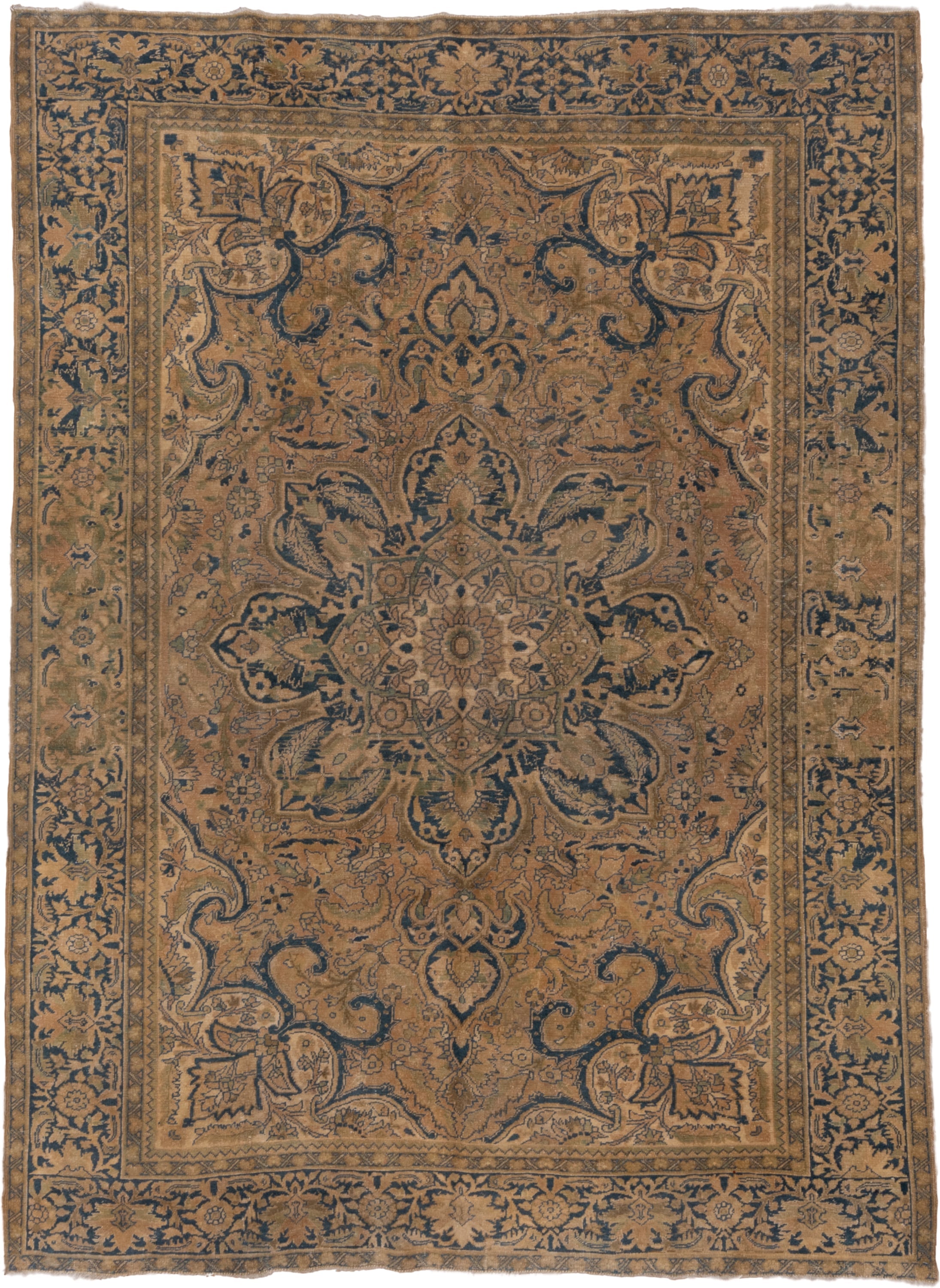 8' x 11' one-of-a-kind handmade antique Heriz large size rug. Color palette: camel, navy, taupe, beige, brown, ivory, blue