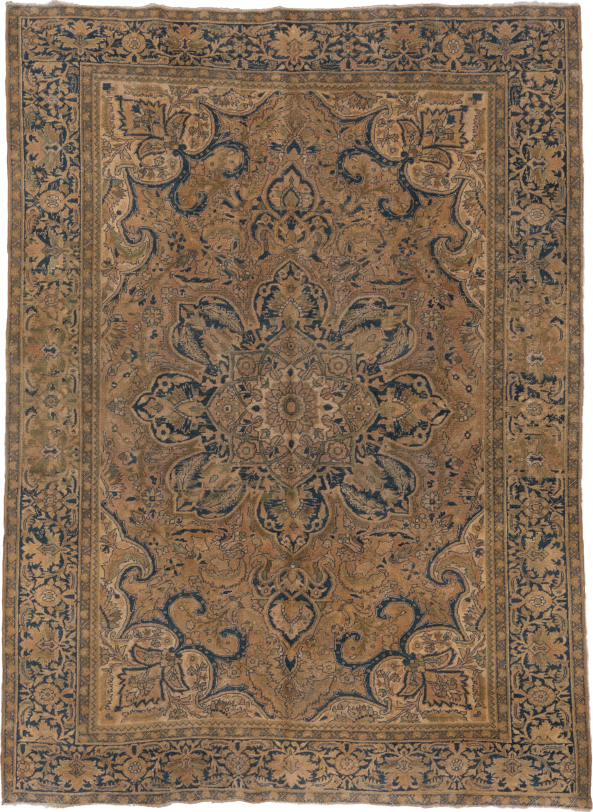 8' x 11' one-of-a-kind handmade antique Heriz large size rug. Color palette: camel, navy, taupe, beige, brown, ivory, blue