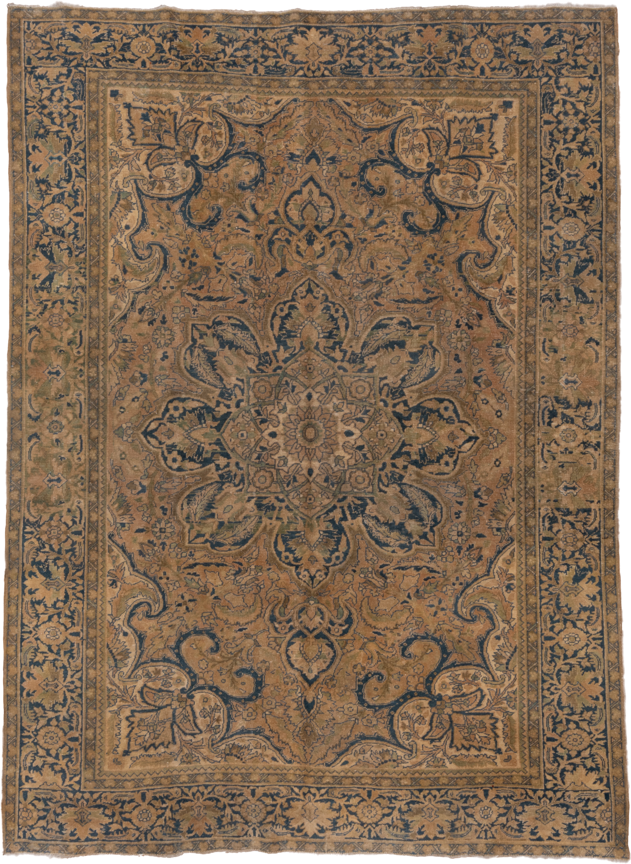8' x 11' one-of-a-kind handmade antique Heriz large size rug. Color palette: camel, navy, taupe, beige, brown, ivory, blue
