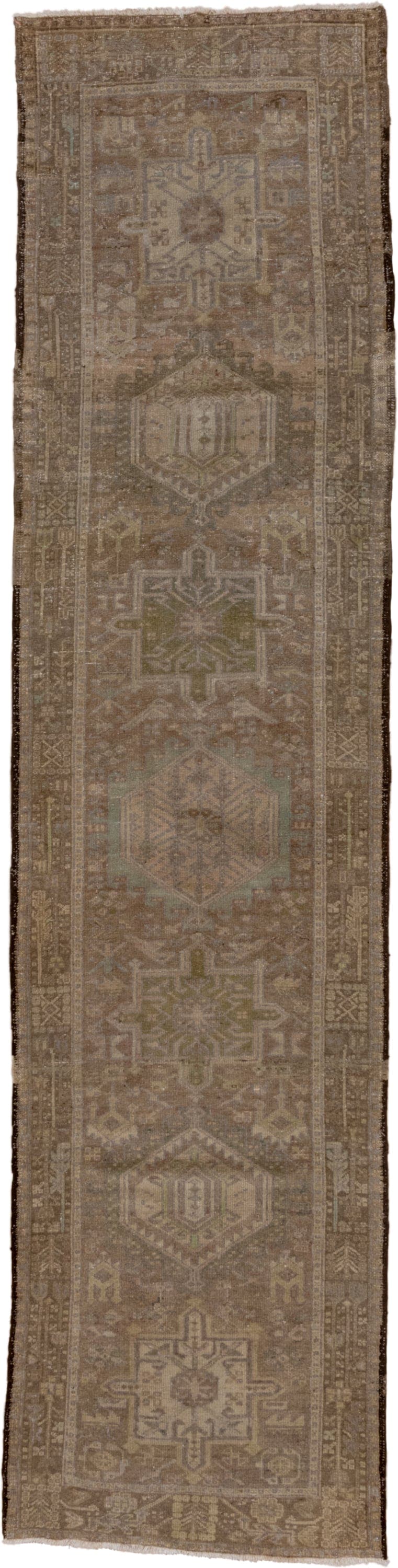 3' x 12' one-of-a-kind handmade antique Karaje runner rug. Color palette: taupe, brown, camel, sage, ivory, olive, charcoal