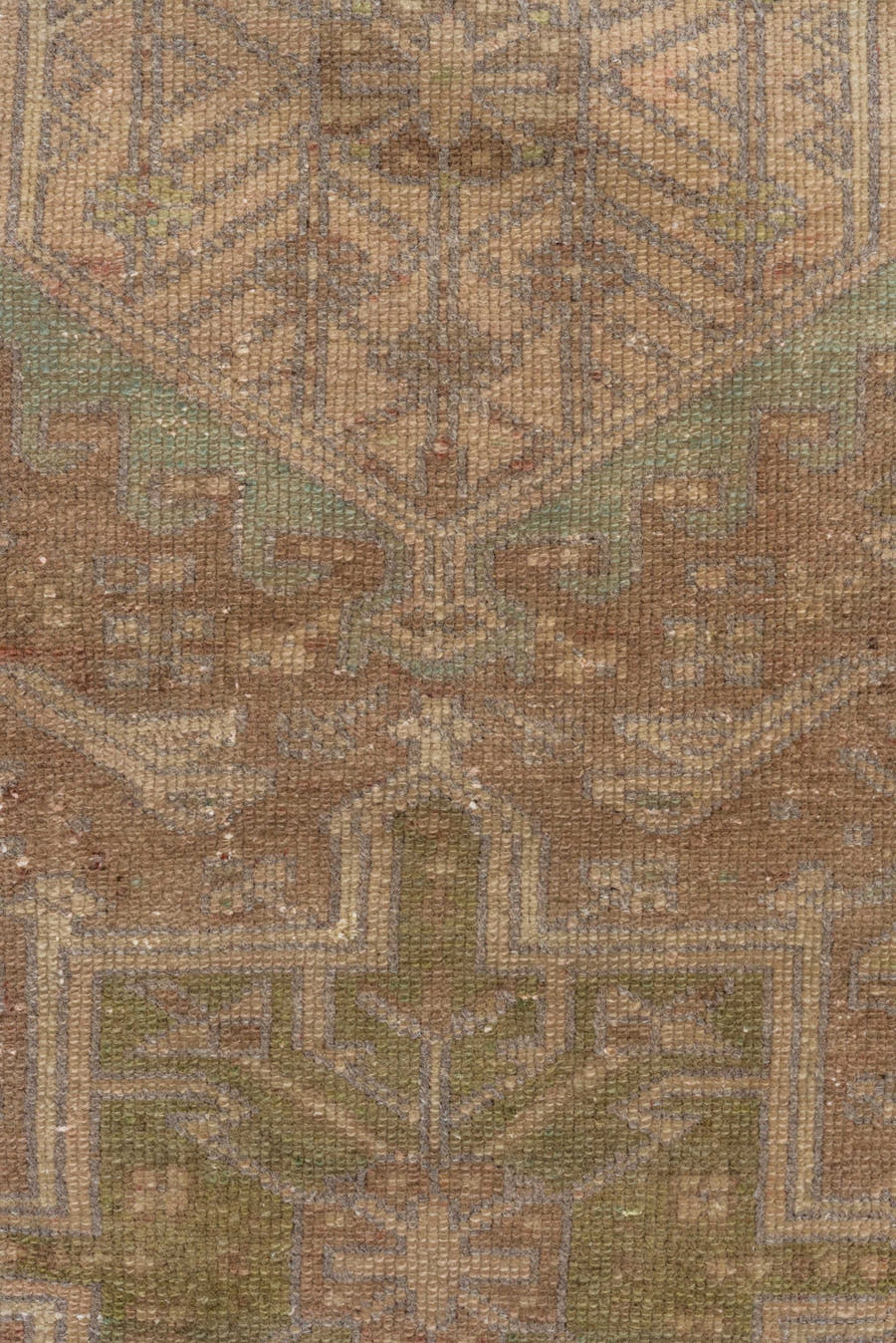 3' x 12' one-of-a-kind handmade antique Karaje runner rug. Color palette: taupe, brown, camel, sage, ivory, olive, charcoal