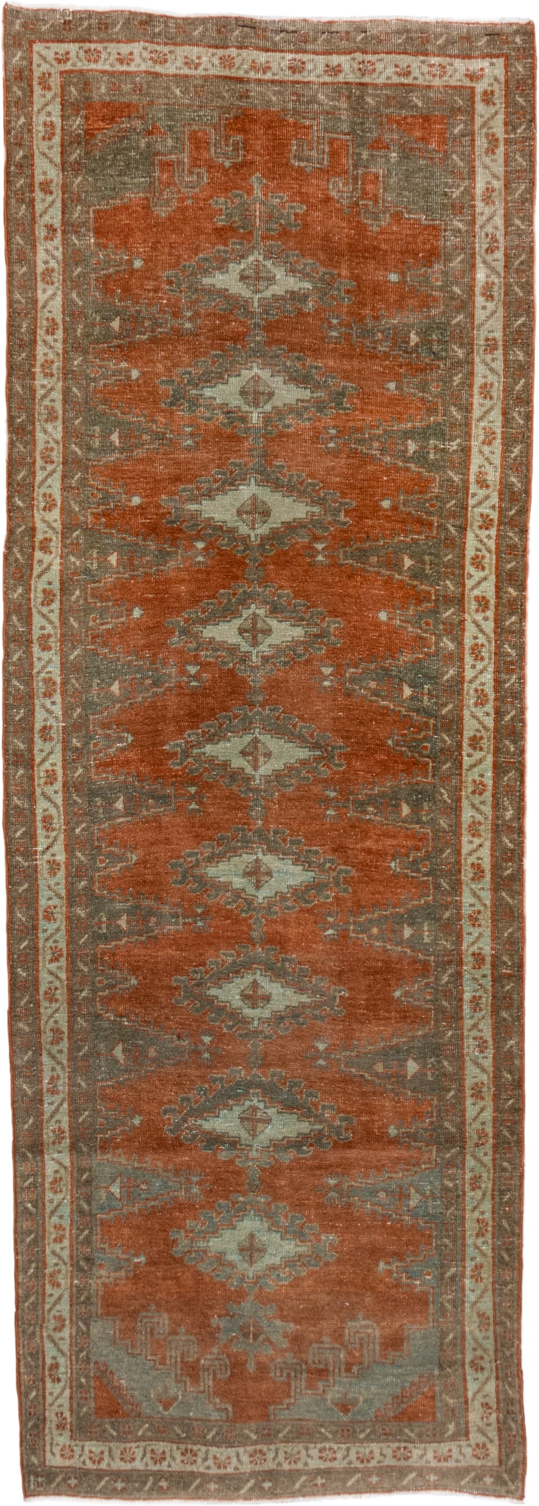 3' x 10' one-of-a-kind handmade antique Veece runner rug. Color palette: rust, taupe, ivory, sage, camel, terracotta, brown