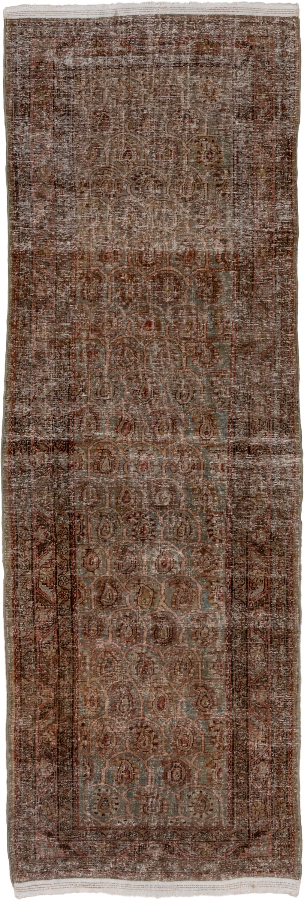 3' x 11' one-of-a-kind handmade antique Sarab runner rug. Color palette: taupe, terra cotta, brown, faded blue, rust, ivory