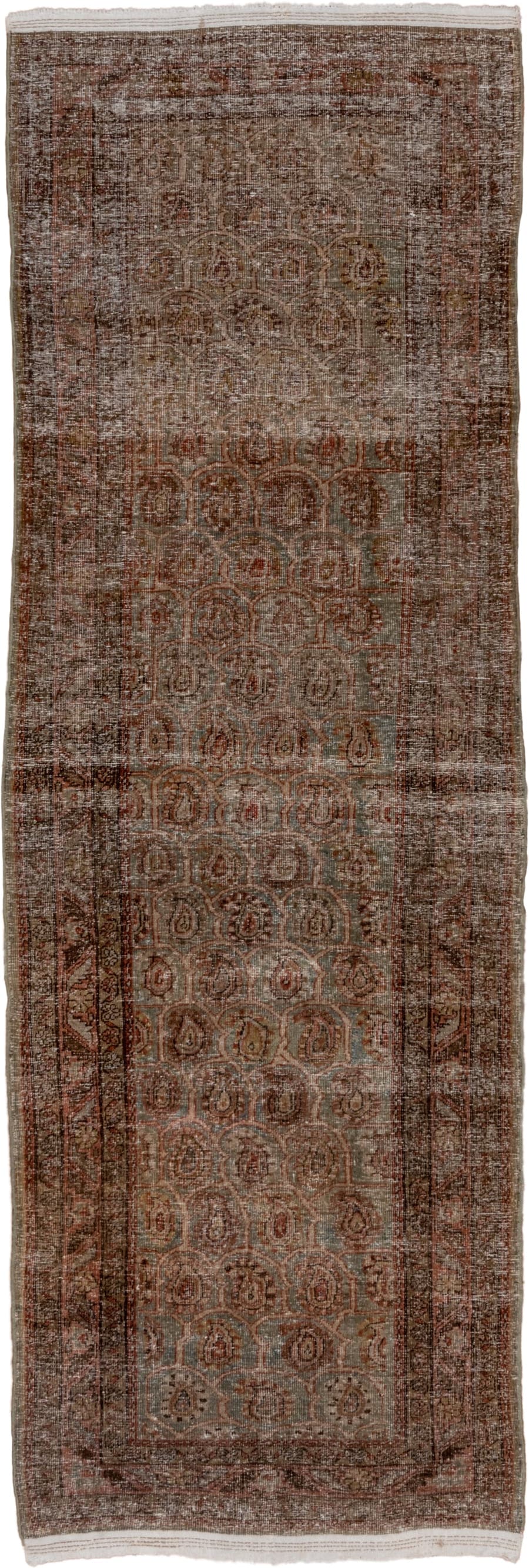 3' x 11' one-of-a-kind handmade antique Sarab runner rug. Color palette: taupe, terra cotta, brown, faded blue, rust, ivory
