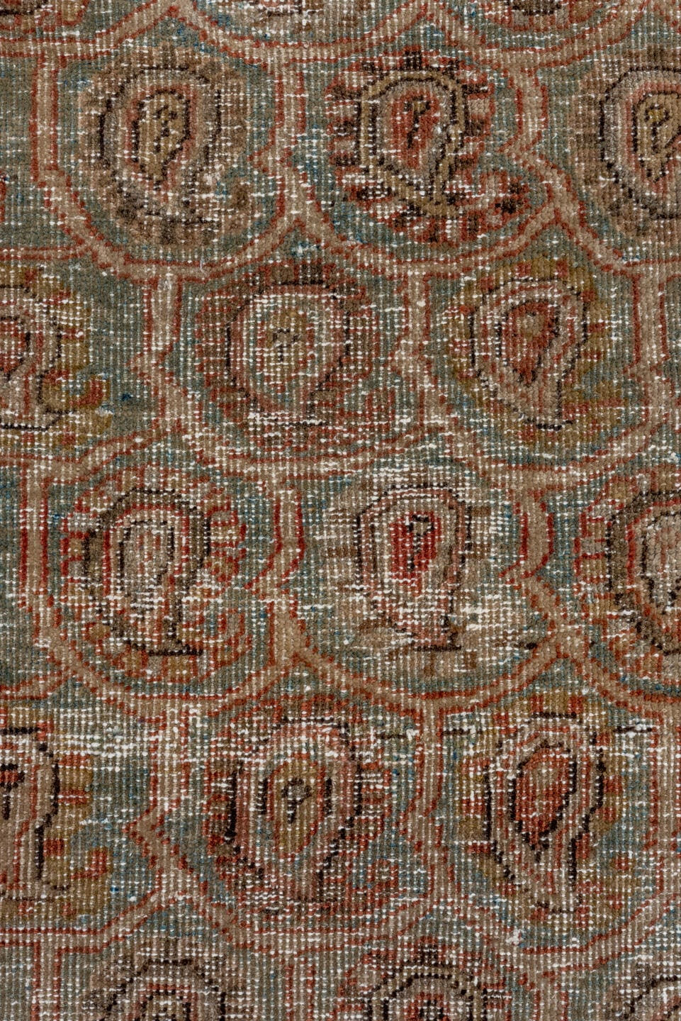 3' x 11' one-of-a-kind handmade antique Sarab runner rug. Color palette: taupe, terra cotta, brown, faded blue, rust, ivory