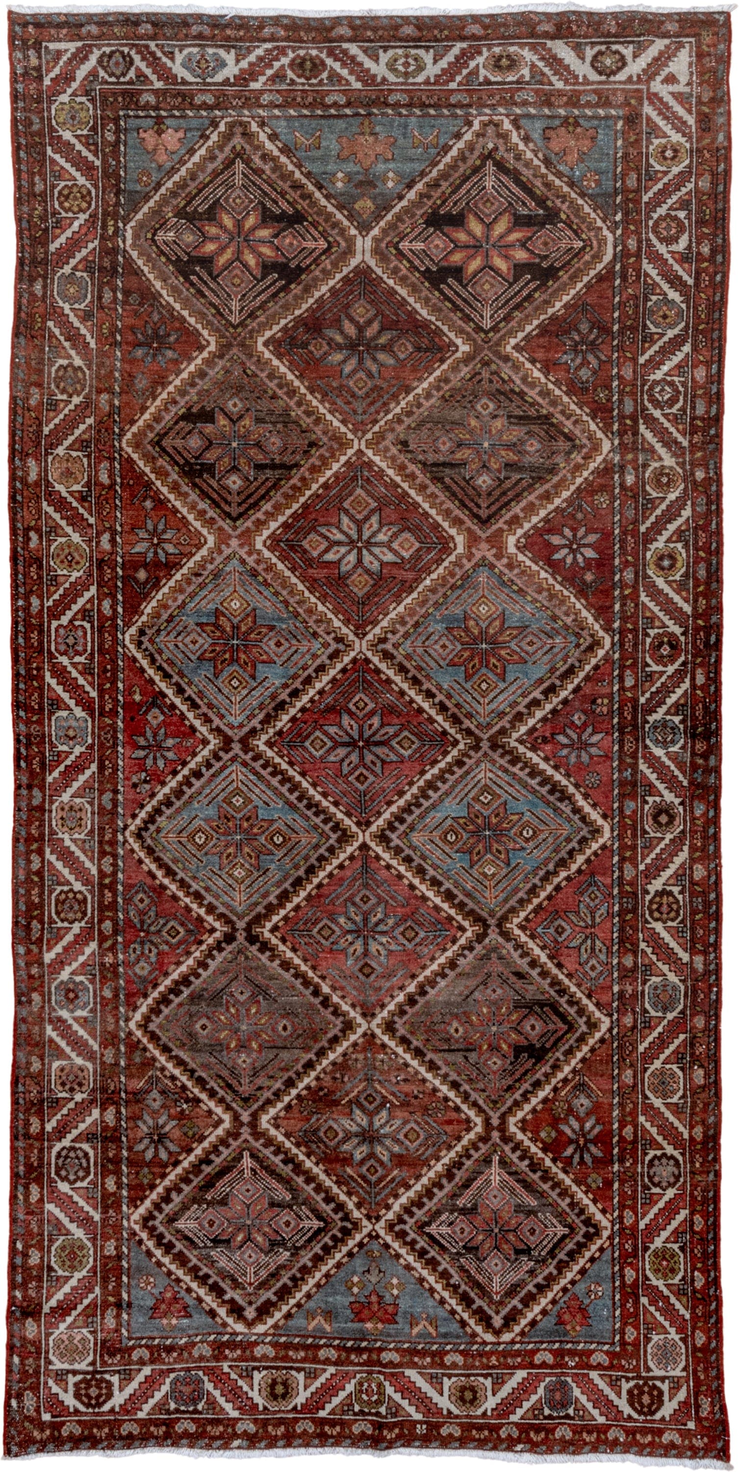 5' x 10' one-of-a-kind handmade antique Baktiary medium size rug. Color palette: rust, ivory, sky blue, brown, burgundy