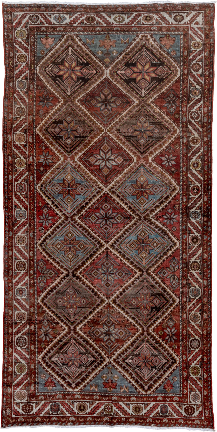 5' x 10' one-of-a-kind handmade antique Baktiary medium size rug. Color palette: rust, ivory, sky blue, brown, burgundy