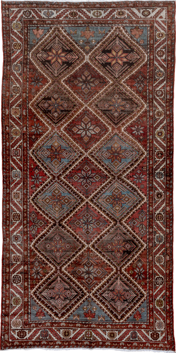 5' x 10' one-of-a-kind handmade vintage Baktiary medium size rug. Color palette: brown, dim gray, gray, light gray, pink