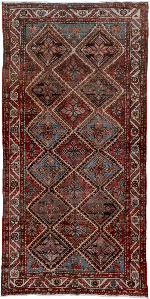 5' x 10' one-of-a-kind handmade antique Baktiary medium size rug. Color palette: rust, ivory, sky blue, brown, burgundy