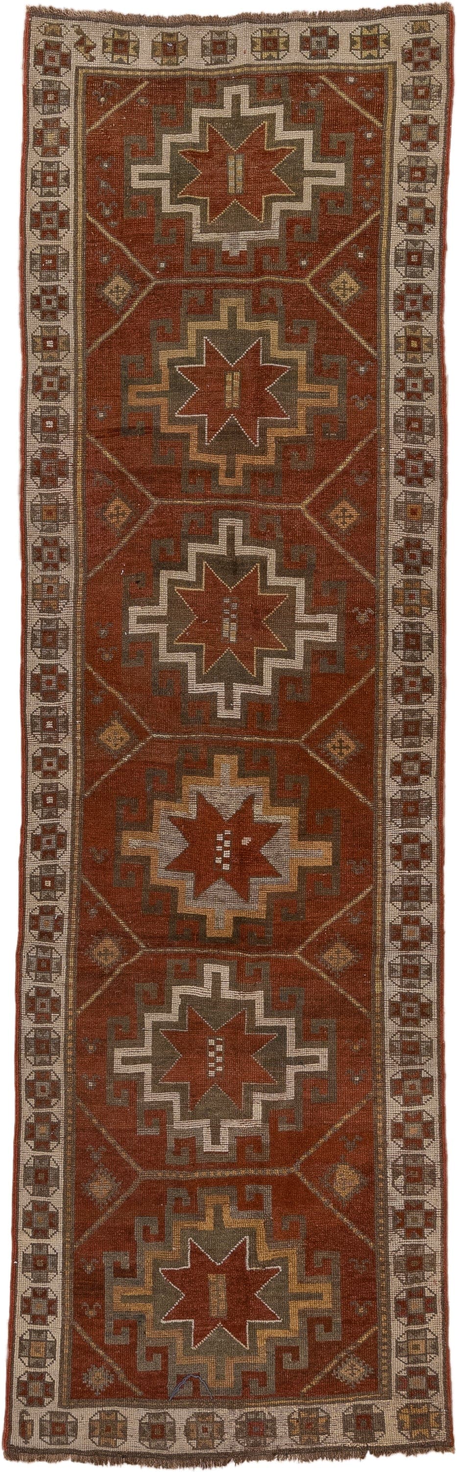 3' x 9' one-of-a-kind handmade antique Caucasian runner rug. Color palette: rust, ivory, brown, taupe, camel, gold, slate
