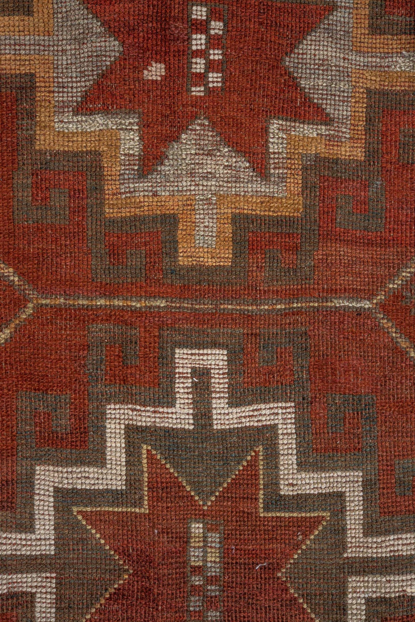 3' x 9' one-of-a-kind handmade antique Caucasian runner rug. Color palette: rust, ivory, brown, taupe, camel, gold, slate