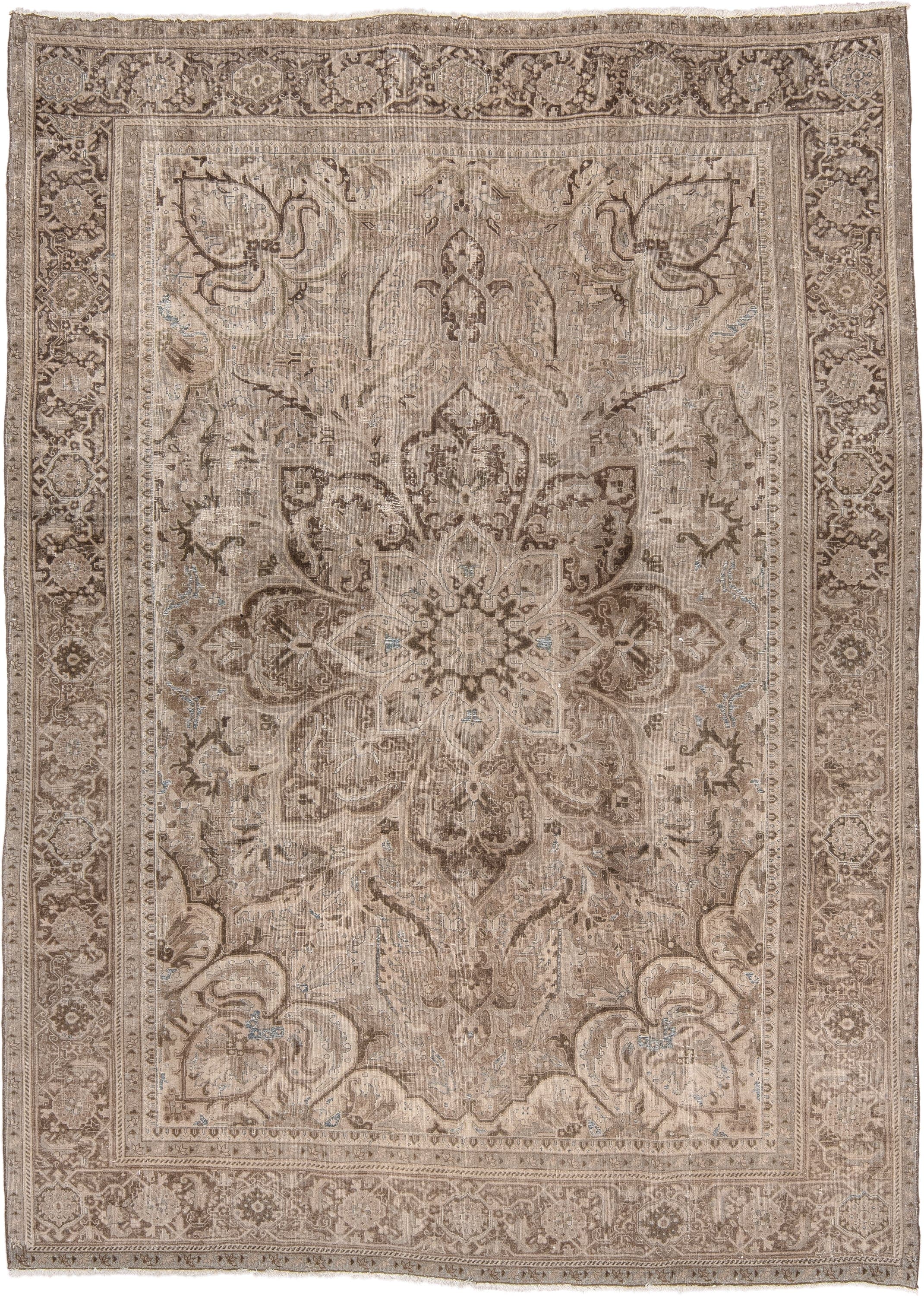 7' x 10' one-of-a-kind handmade vintage Heriz large size rug. Color palette: taupe, ivory, brown, beige, camel, pale blue