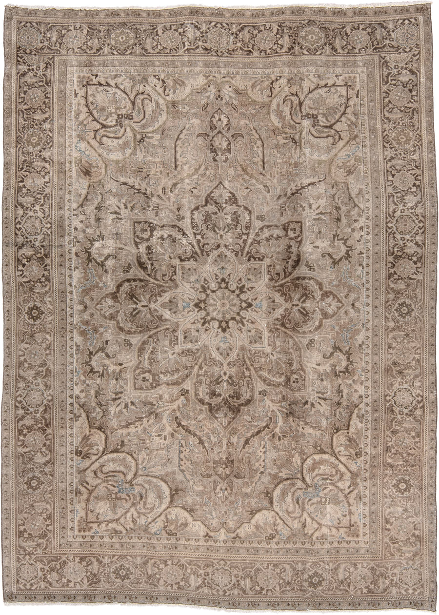 7' x 10' one-of-a-kind handmade vintage Heriz large size rug. Color palette: taupe, ivory, brown, beige, camel, pale blue