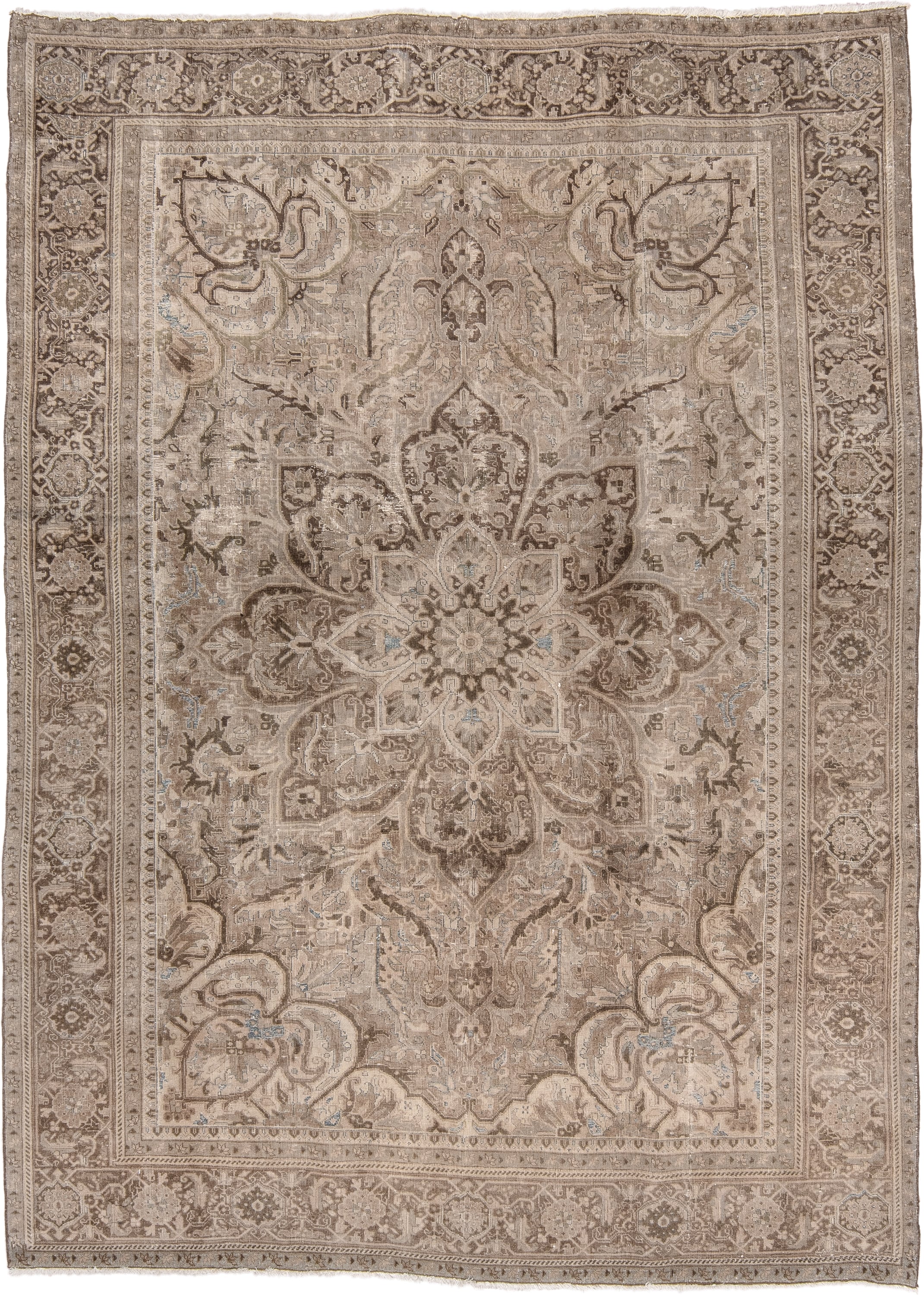 7' x 10' one-of-a-kind handmade vintage Heriz large size rug. Color palette: taupe, ivory, brown, beige, camel, pale blue