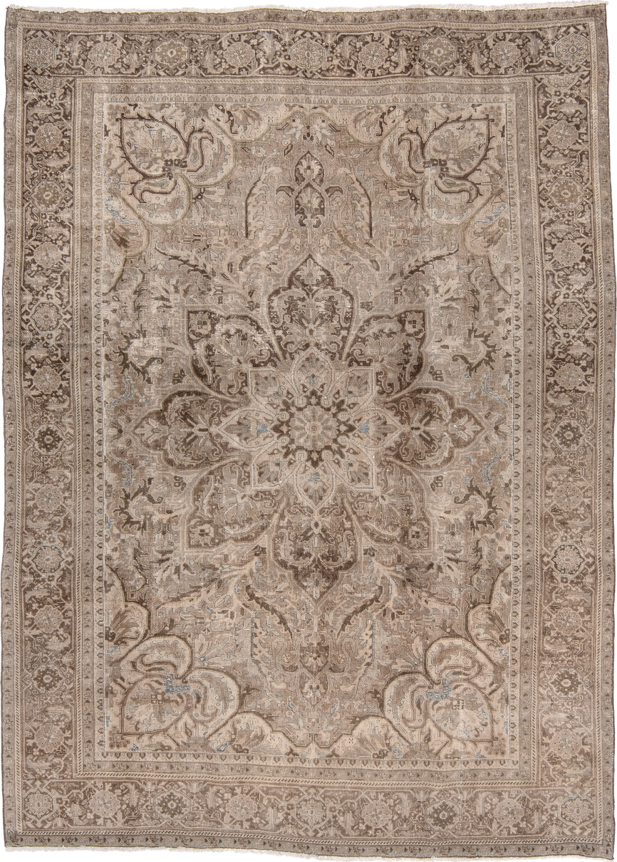 7' x 10' one-of-a-kind handmade vintage Heriz large size rug. Color palette: taupe, ivory, brown, beige, camel, pale blue