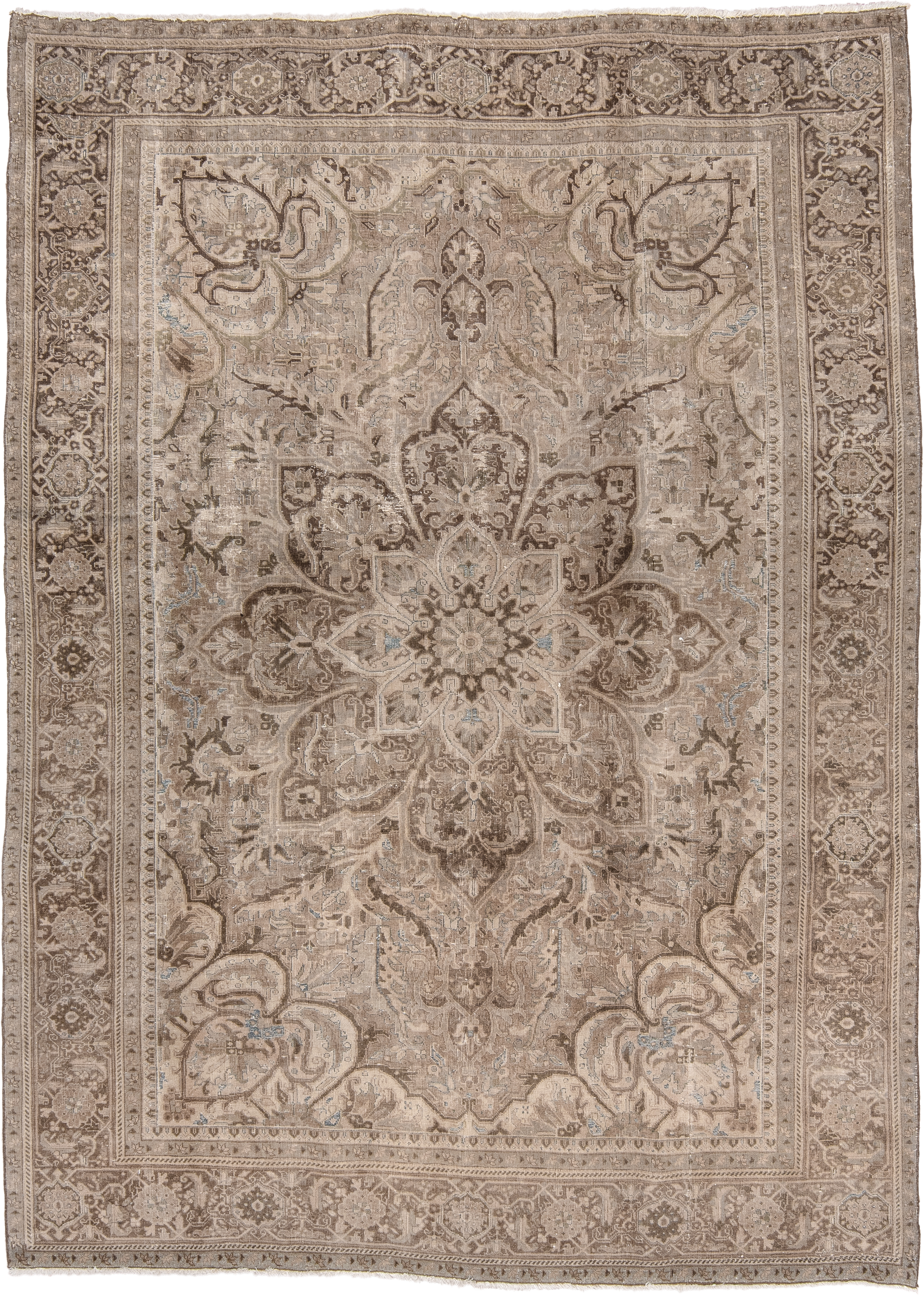7' x 10' one-of-a-kind handmade vintage Heriz large size rug. Color palette: taupe, ivory, brown, beige, camel, pale blue