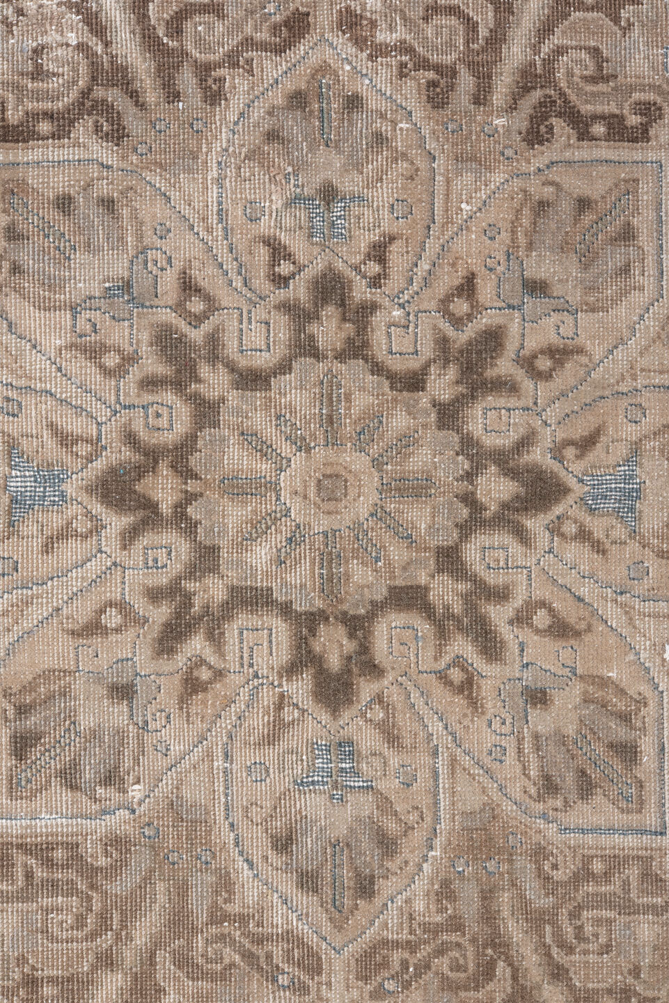 7' x 10' one-of-a-kind handmade vintage Heriz large size rug. Color palette: taupe, ivory, brown, beige, camel, pale blue