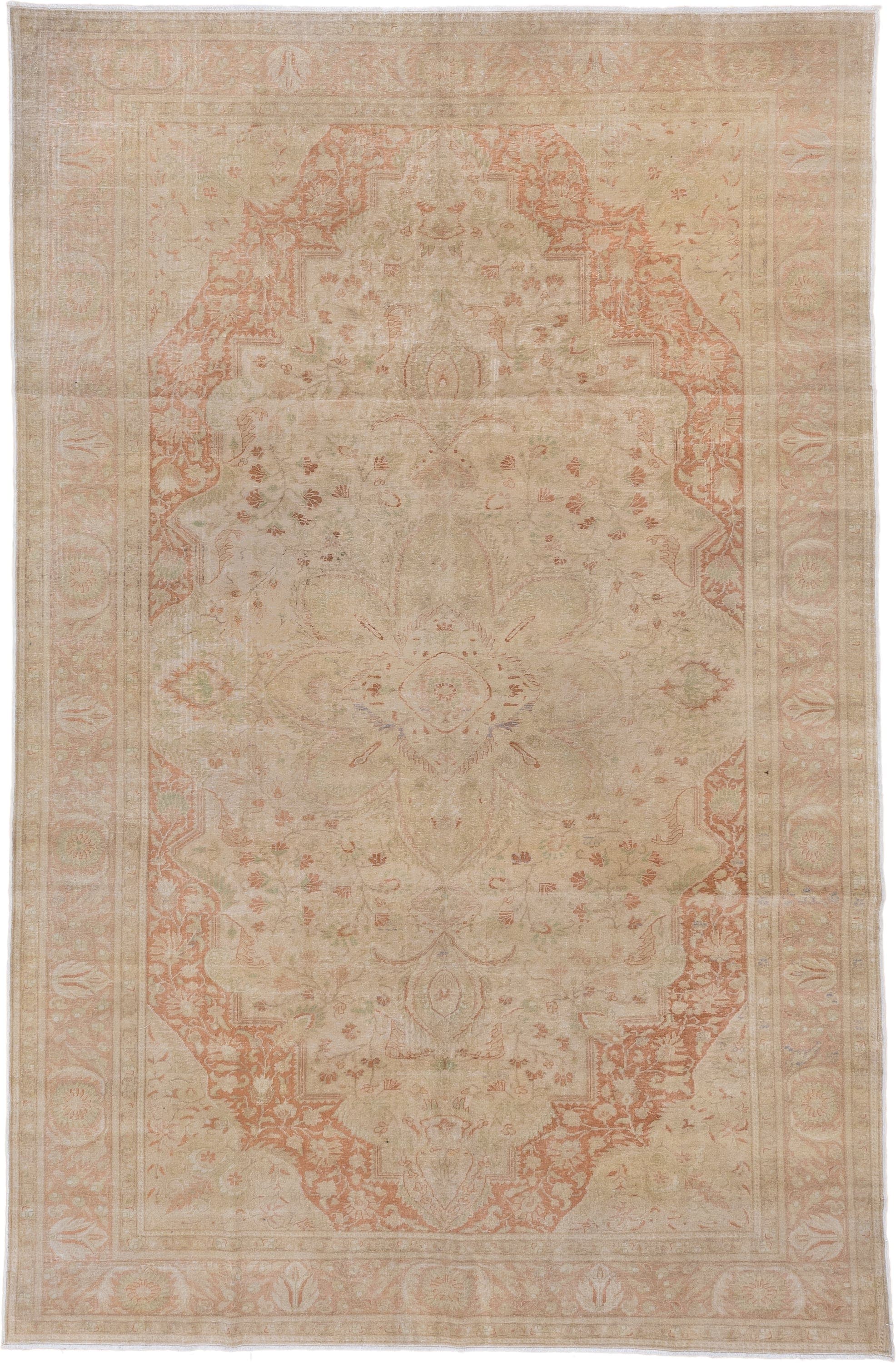 6' x 9' one-of-a-kind handmade antique Kaisary medium size rug. Color palette: ivory, blush, sand, taupe, sage, peach, pink