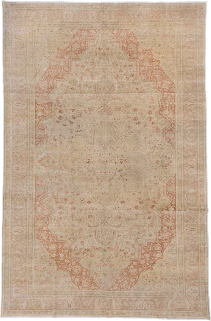 6' x 9' one-of-a-kind handmade antique Kaisary medium size rug. Color palette: ivory, blush, sand, taupe, sage, peach, pink