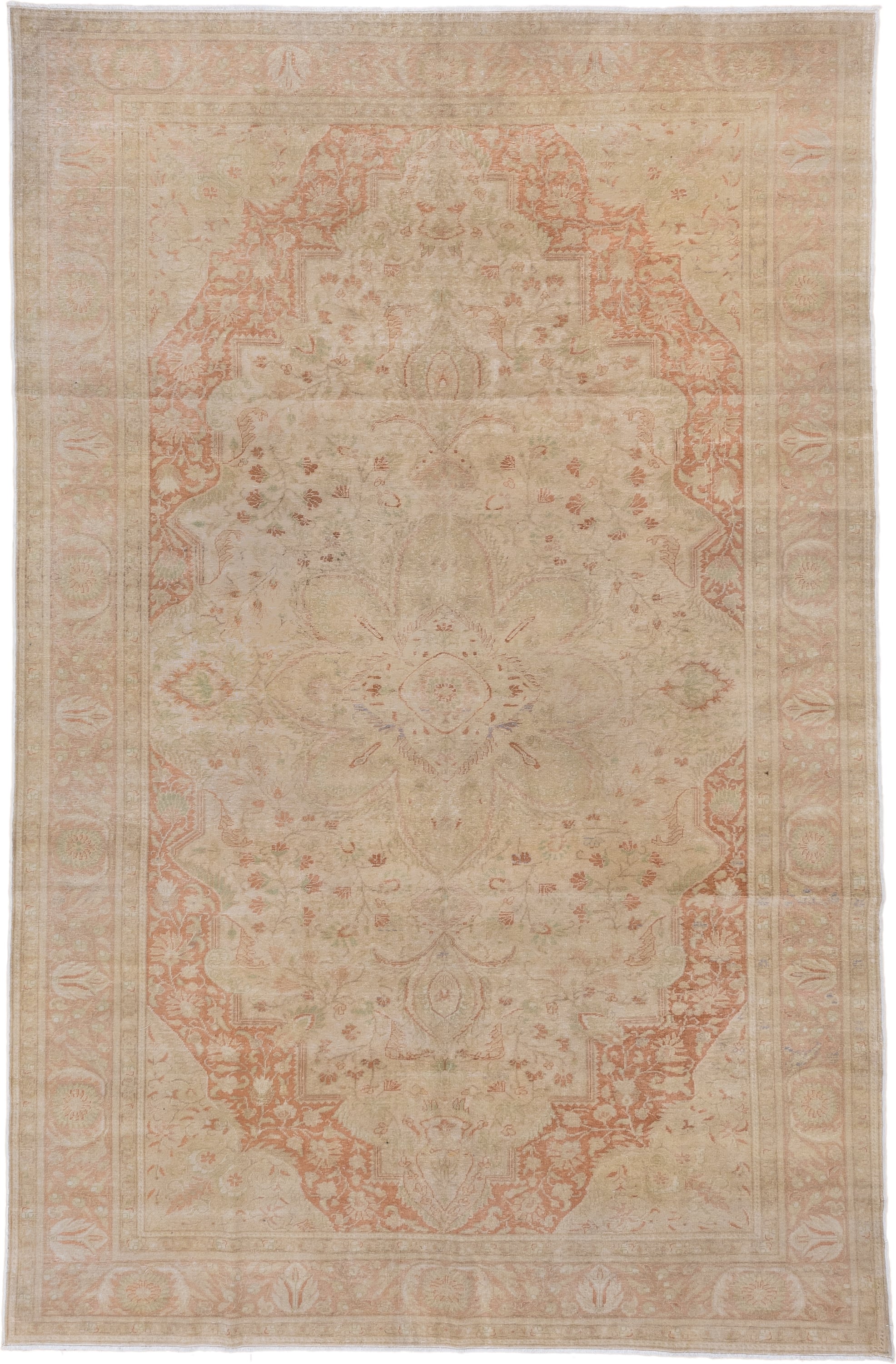 6' x 9' one-of-a-kind handmade antique Kaisary medium size rug. Color palette: ivory, blush, sand, taupe, sage, peach, pink